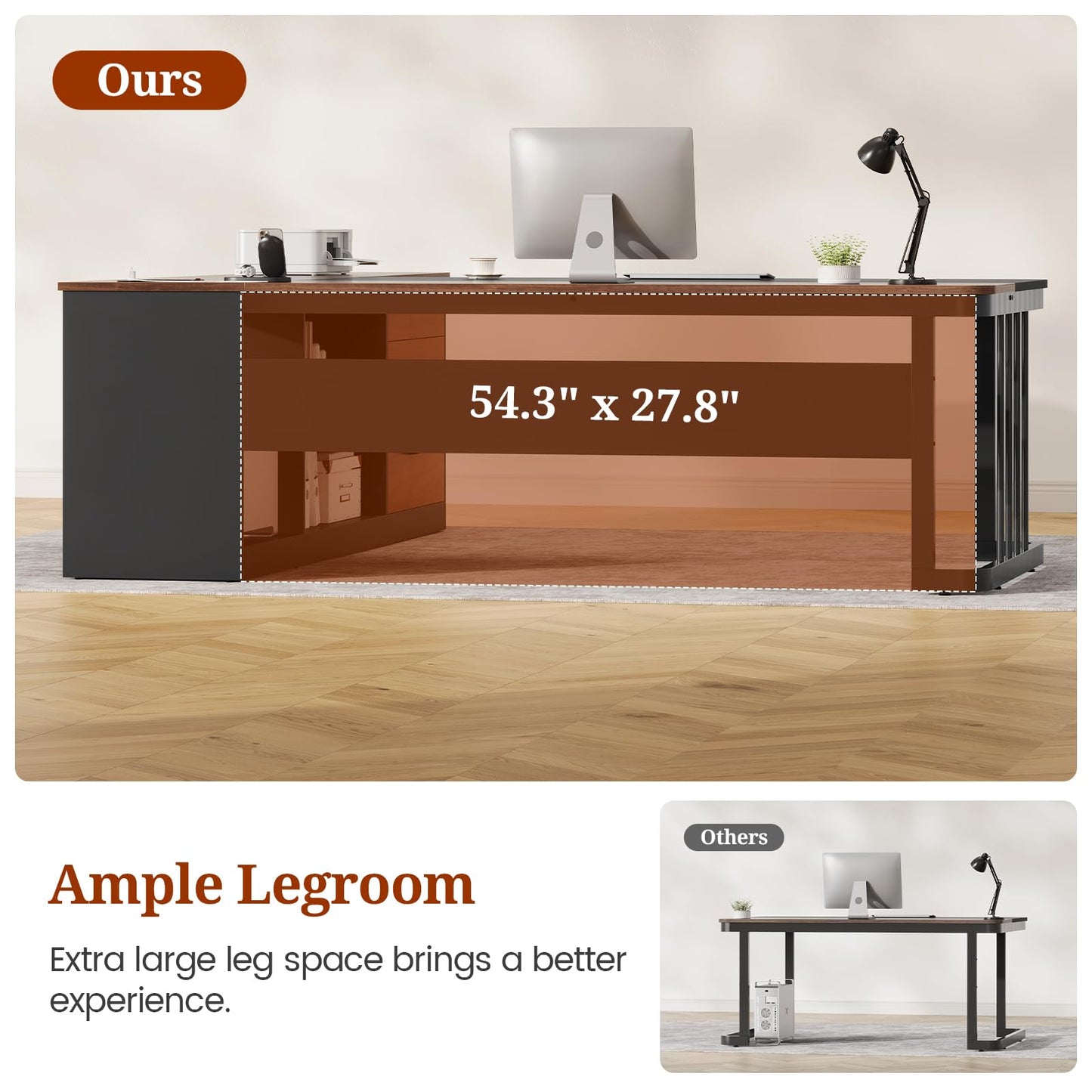 UPOSOJA 71" Executive Desk, Large Office Desk with Drawers & Storage Shelves, Modern L Shaped Computer Desk Corner Desk with Power Outlets, File Cabinet, Business Furniture Desk Workstation (Walnut)