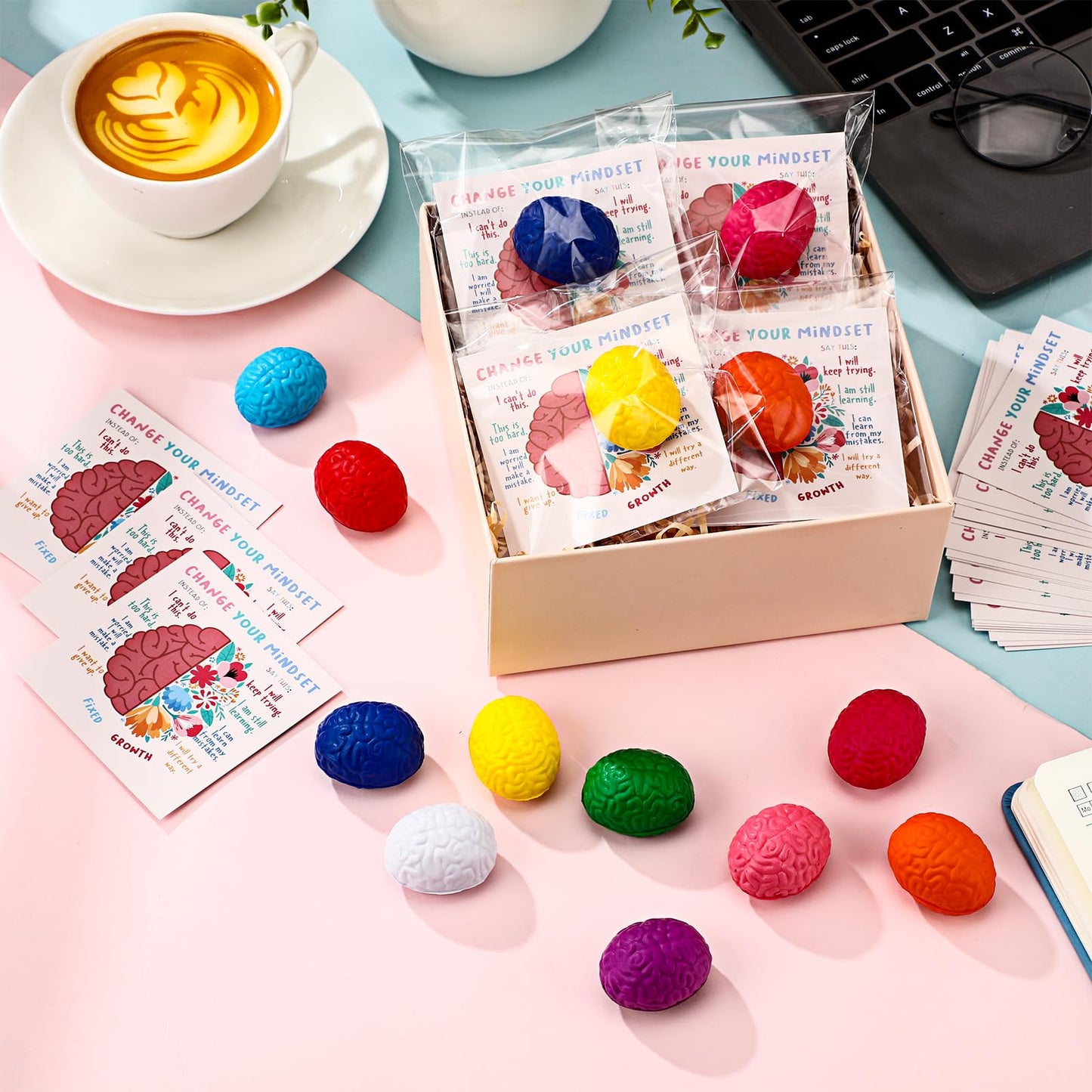 Hollowfly 30 Set Growth Mindset Gift Brain Stress Balls Bulk with Motivational Cards Back to School Stress Balls Gifts Funny Relief Toy for Students Classroom Employee Appreciation for Coworker