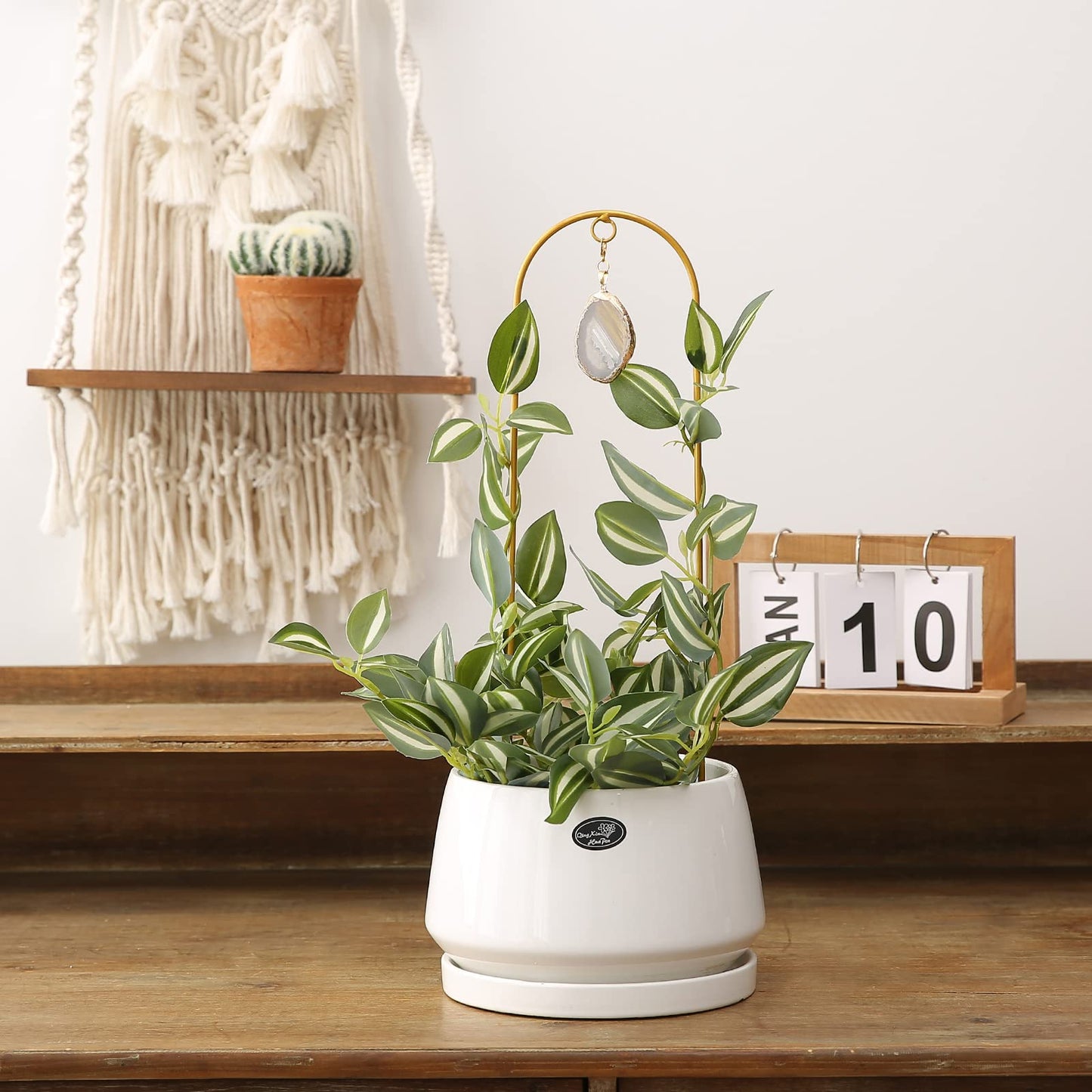 Ceiner 2PCS Small Plant Gold Trellis Indoor, Mini Metal Houseplant Decor Support for Potted Ivy Vine, Boho Garden Decorative Pot Climber with Agate for Climbing Hoya Pothos Philodendron Gift