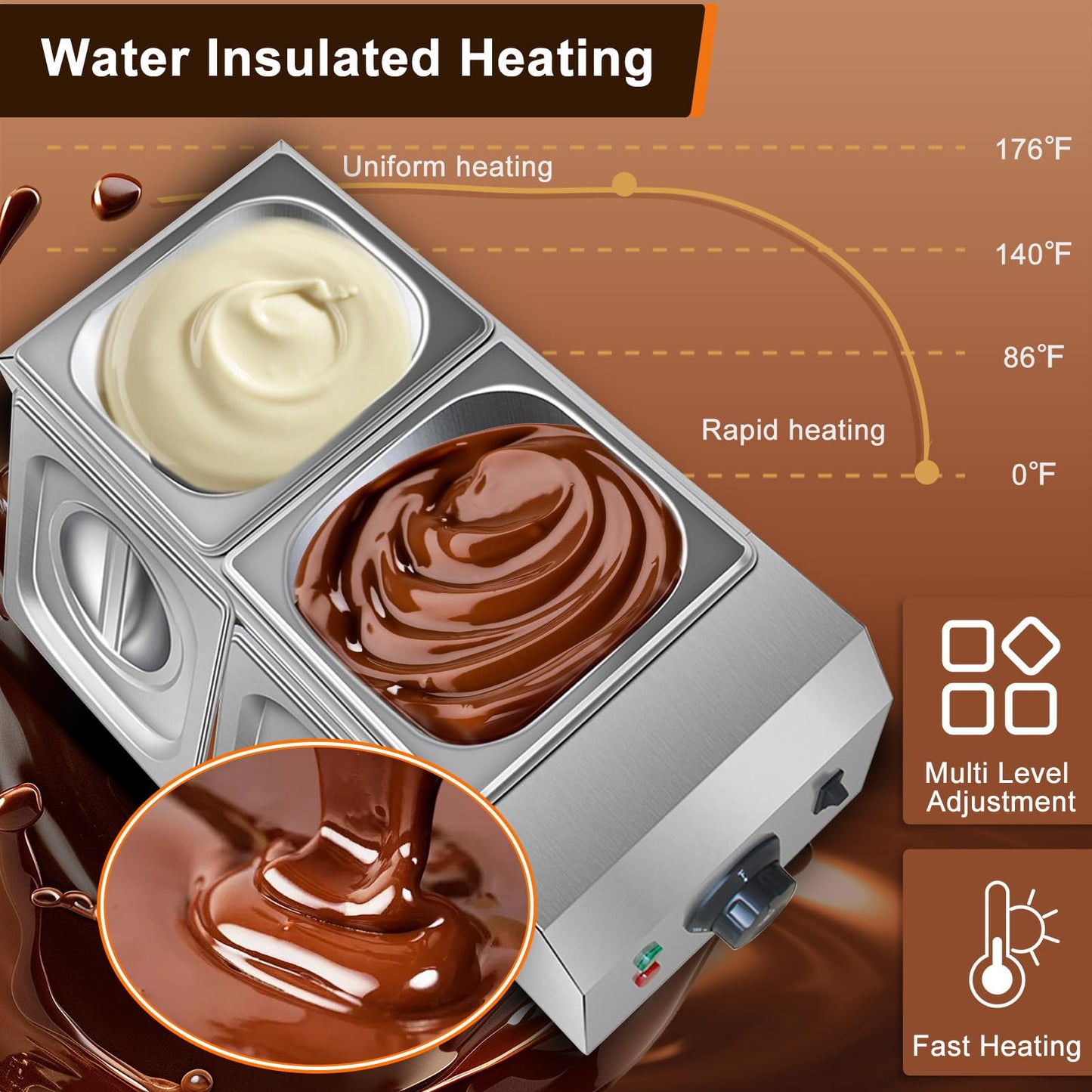 9 Lbs 2 Tanks Chocolate Tempering Machine Chocolate Melter, Chocolate Melting Pot with TEMP Control 86~185℉, 1000W Stainless Steel Electric Commercial Chocolate Warmer and Melter