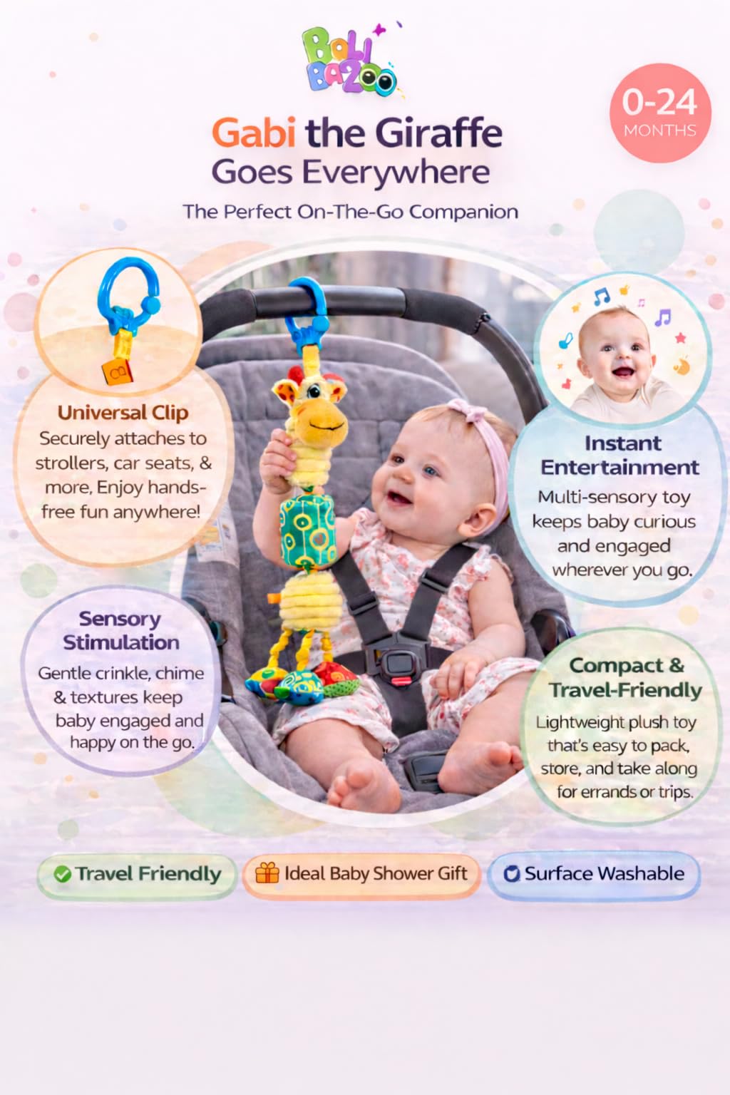 Balibazoo Gabi The Giraffe Hanging Baby Toy for 0-24M - 360° Rotating Neck | Deep Chime, Crinkle, Rattle, BPA-Free Material | Clip for Stroller, Car Seat | Soft Plush Sensory Newborn Gift