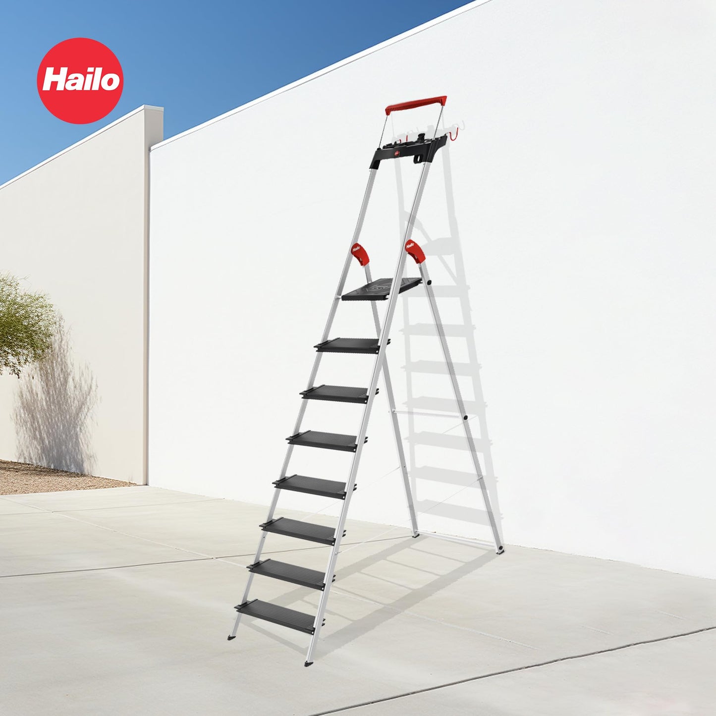 HAILO L100 Topline 8-Step Ladder – Aluminum Stepladder with Safety Bar, Tray, Locking Platform, XXL Non-Slip Steps, Hook, Strap, 330 lb Capacity, Max Working Height 146.5", EasyClix Compatible