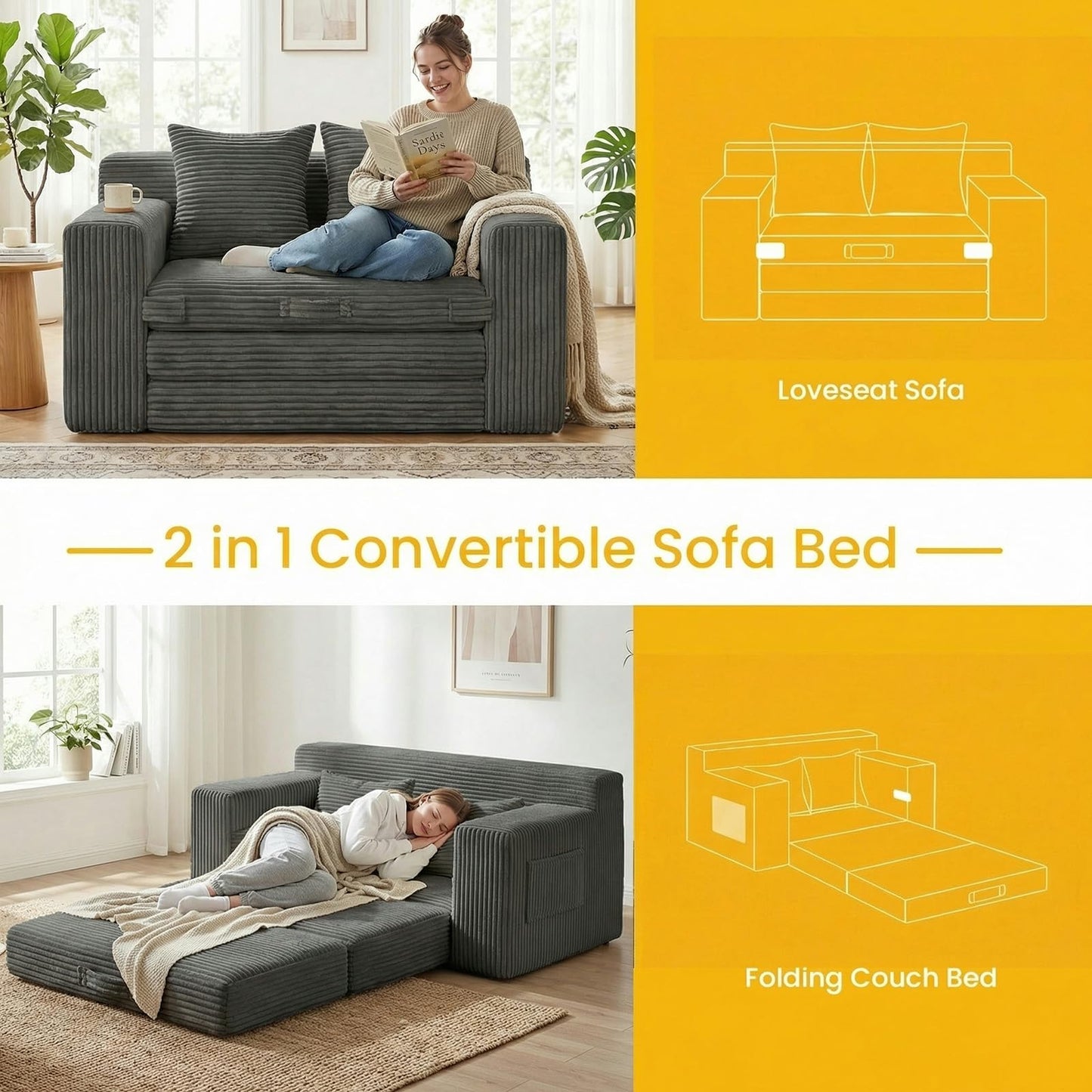 Boneless Loveseat Sleeper Sofa Bed: 3-in-1 Convertible Sofa Bed with Side Pockets & Handle,Pull Out Couch with 2 Pillows,Folding Futon for Small Space,Living Room & Bedroom,Corduroy Fabric,No Assembly