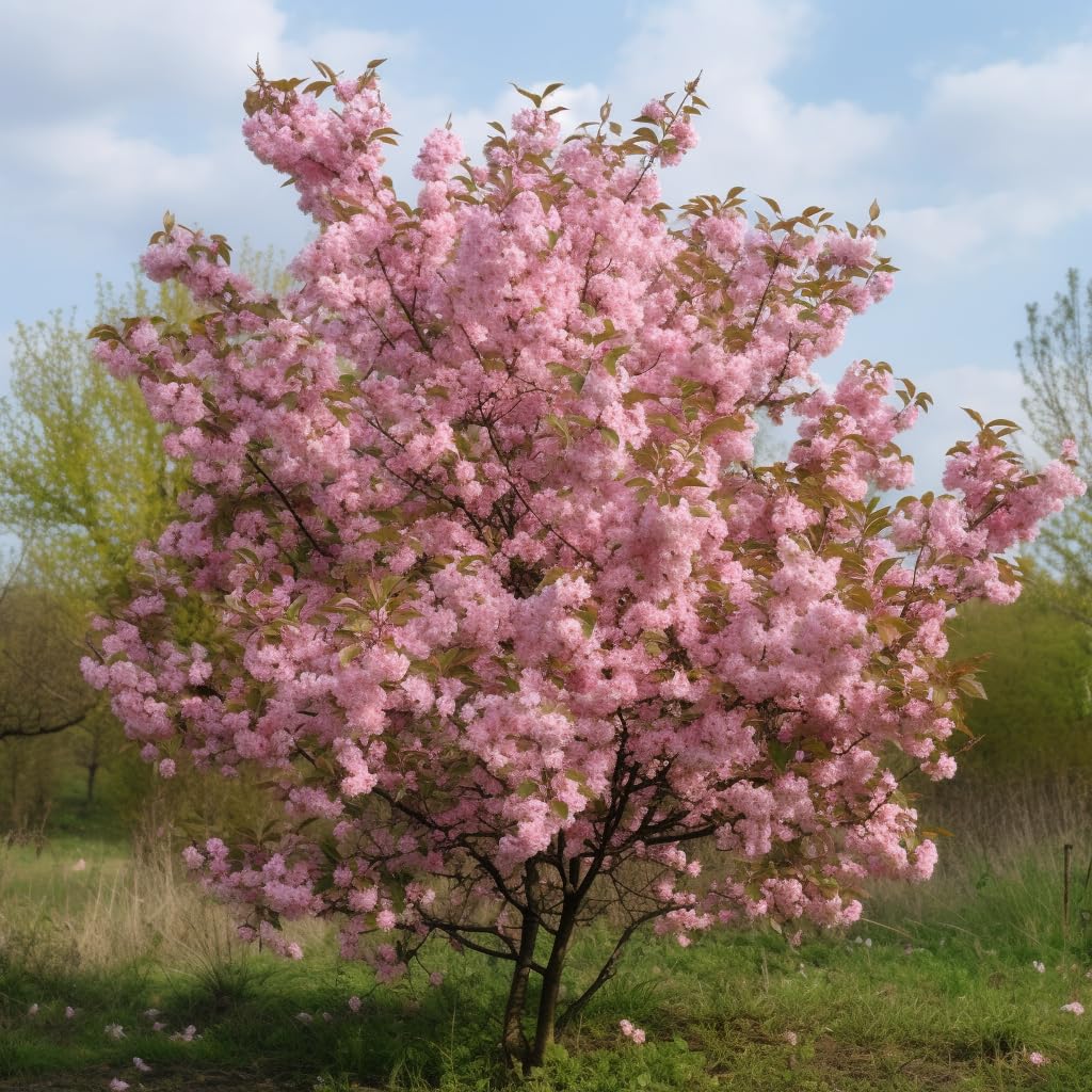 Pink Flowering Almond Shrub (Flowering Plum Bush) - 6-12" Tall Tree - 4" Pot - Live Ornamental Plant - Fragrant Pink Blossoms - Prunus triloba