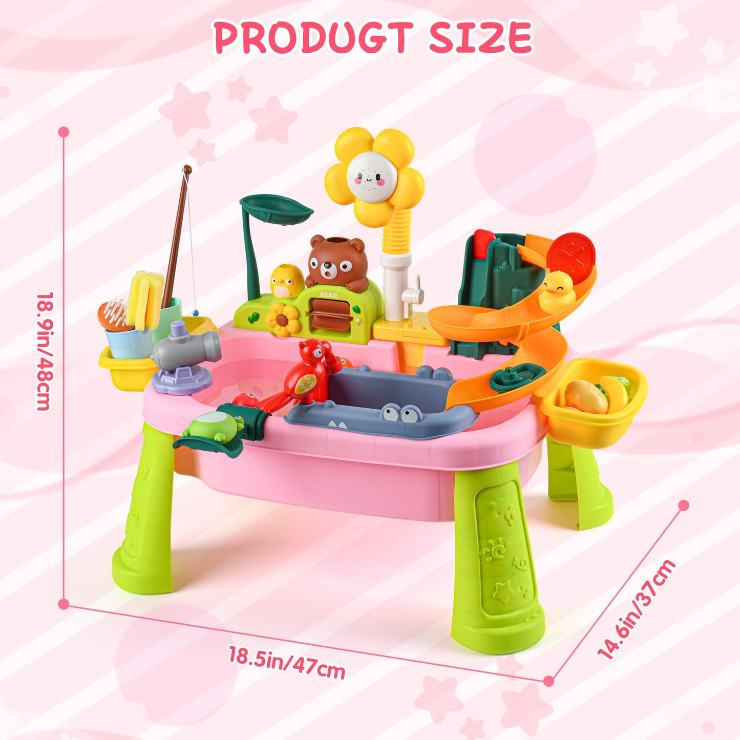 Upgraded Toddler Sand Water Table Toy with Electric Water Pump, Kids Sand Water with Faucet/Play Food Accessories/Fishing Toy, Kitchen Play Sink Toys for Girl Boy Age 3+ (Pink-Sunflower)