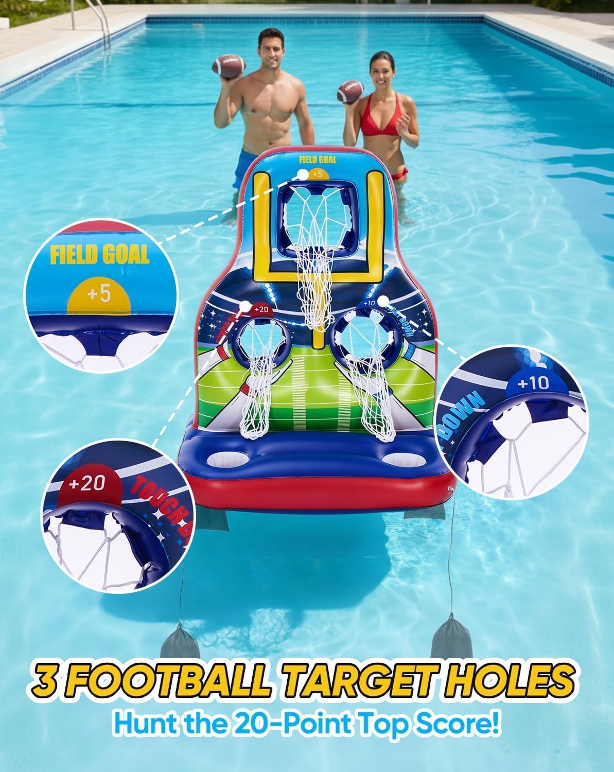 Luottis Inflatable Football Toss Pool Game Set – Floating Pool Games for Kids, Teens & Adults, Family, Includes 4 Footballs + 2 Pumps, Summer Swimming Pool Toys for Party, Beach, Lawn, Indoor/Outdoor