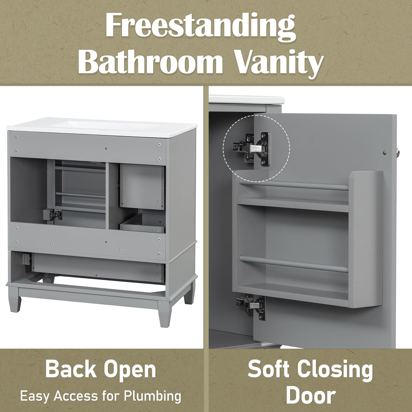 30" Bathroom Vanities with Ceramic Sink, Multi-Functional Modern Wood Storage Cabinet Organizer Door Shelf, Left Side Drawers, Soft-Closing Door, Gray