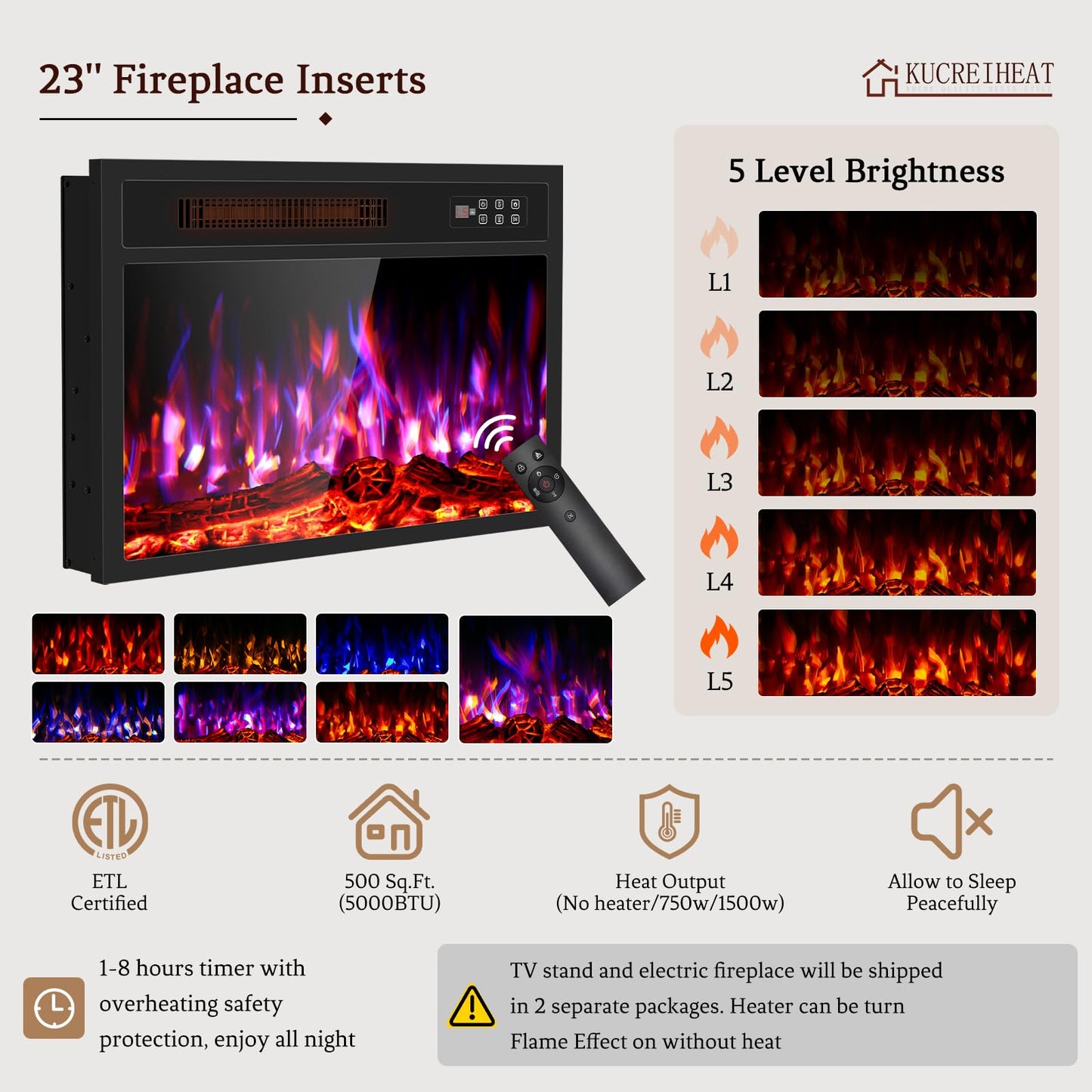 BREEZEHEAT 65'' Mid Century Modern Fluted TV Stand with 23" Fireplace, Curved Fireplace Entertainment Center for TVs Up to 75 Inches, Walnut Media Console Cabinet for Living Room
