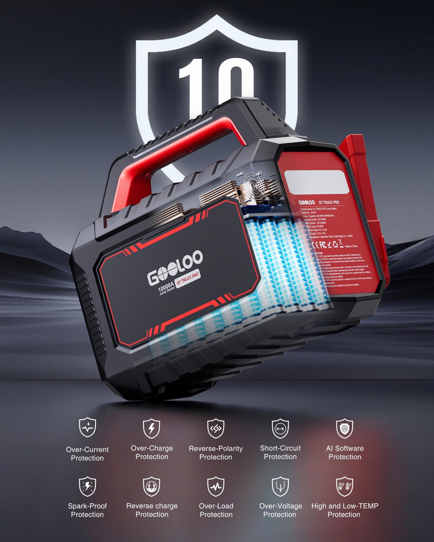 GOOLOO GT Truck PRO 10000A Jump Starter with 65W Fast Charge, 64000mAh Portable Car Battery Booster Power Pack (for All Gas All Diesel), 12V Jump Box with LED Light, Thickened Jumper Cable & Light