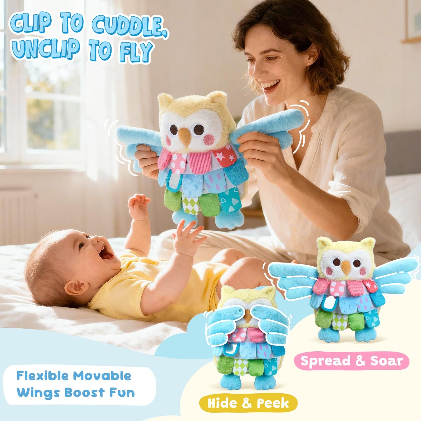 JoyCat Sensory Owl Baby Toy for 0-12 Months, 13''Soft Tummy Time Infant Toy with Multi-Textured Crinkle Feathers, Baby Mirror, Stuffed Animal Plush Montessori Easter Gifts for Newborn Boys and Girls
