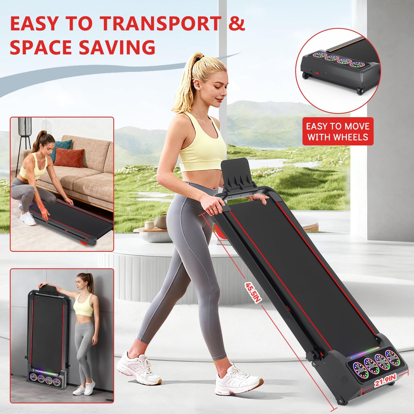 Ecogou Walking Pad Treadmill with 12% 12-Level Auto Incline,2 in 1 Foldable Under Desk Treadmill with Handle Bar,450 lbs Capacity RGB LED Screen Compact Treadmills for Home Hiking