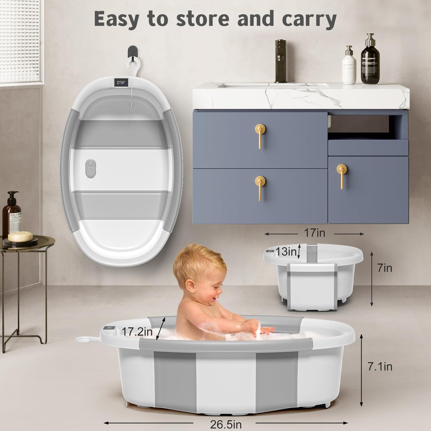 Himold Collapsible Baby Bathtub for Newborn to Toddler 0-36 Months, Spacious Foldable Infant Bath Tub with Thermometer, Cushion & Drain Hole, Portable Travel Tub Grey