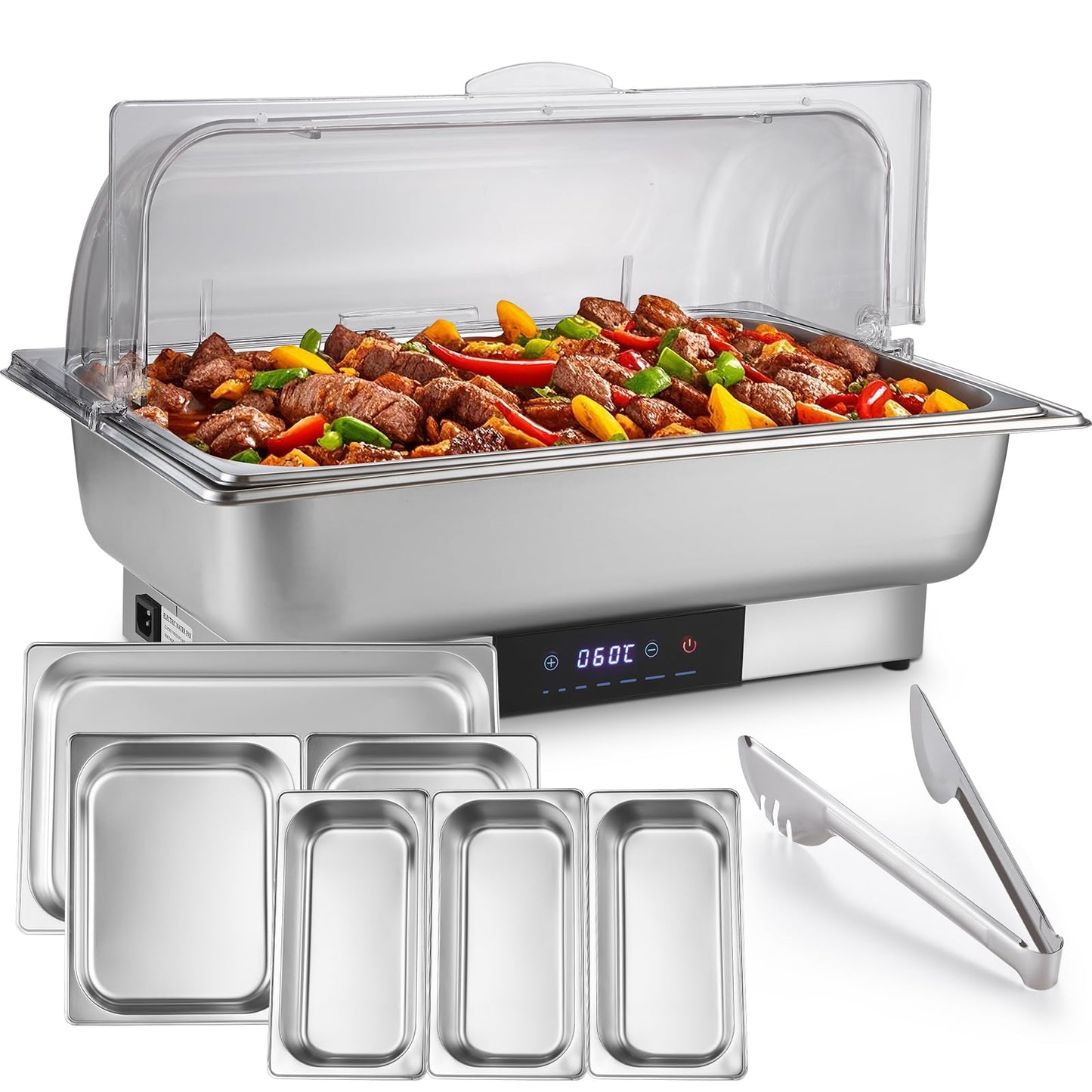 Electric Chafing Dish Buffet Server Set, Stainless Steel Full Size & Half-Size &Three-Section Food Pan with Temp Control, Roll Top Stainless Steel Food Warmers for Catering Buffet (A-02)