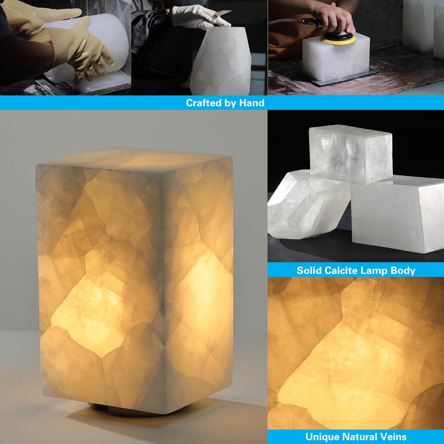 Artsolute Natural Solid Stone Table Lamp with One-of-a-Kind Crystal Texture, Small Accent Lamp with 3 Colors Dimmable LED, Unique Lamp for Bedroom Living Room, Cuboid White