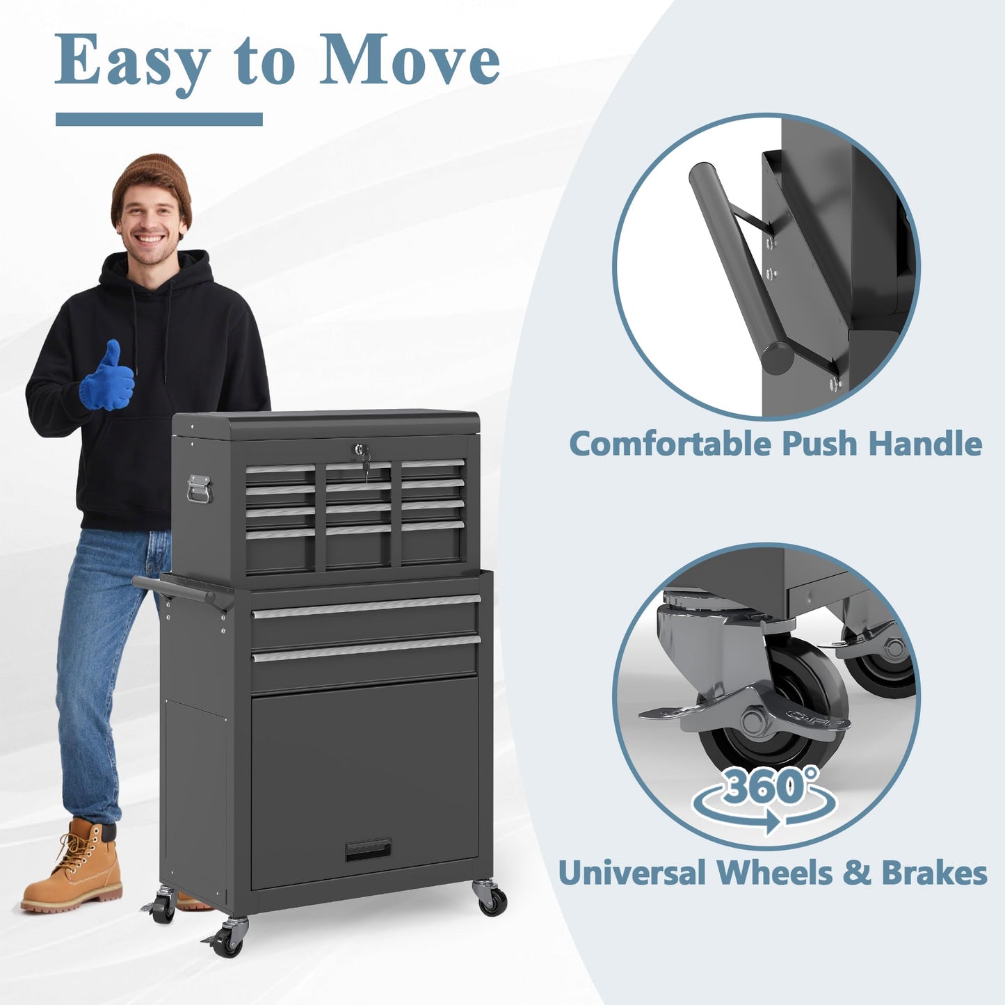 HOWSVN Tool Chest, 8 Drawers Rolling Tool Cabinet, Removable Cabinet Storage Tool Box with Hooks and Liners,Universal Lockable Wheels, Metal Tool Storage Cart, Tool Box for Garage, Workshop