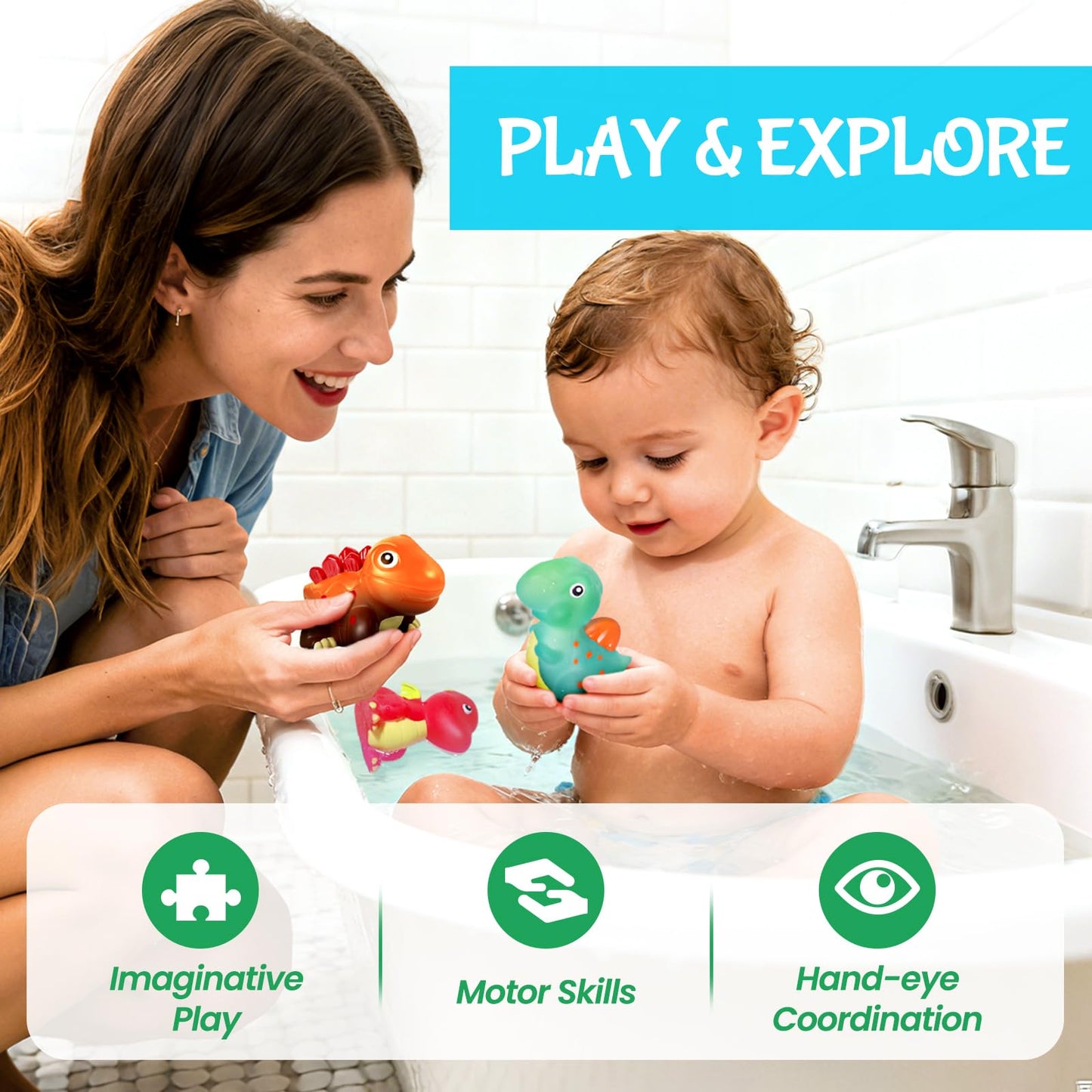 No Hole Dinosaur Bath Toys - Color Change Bath Toys for Toddlers, Fun Water Pool Bathtub Toys for Boys & Girls (with Dino net)