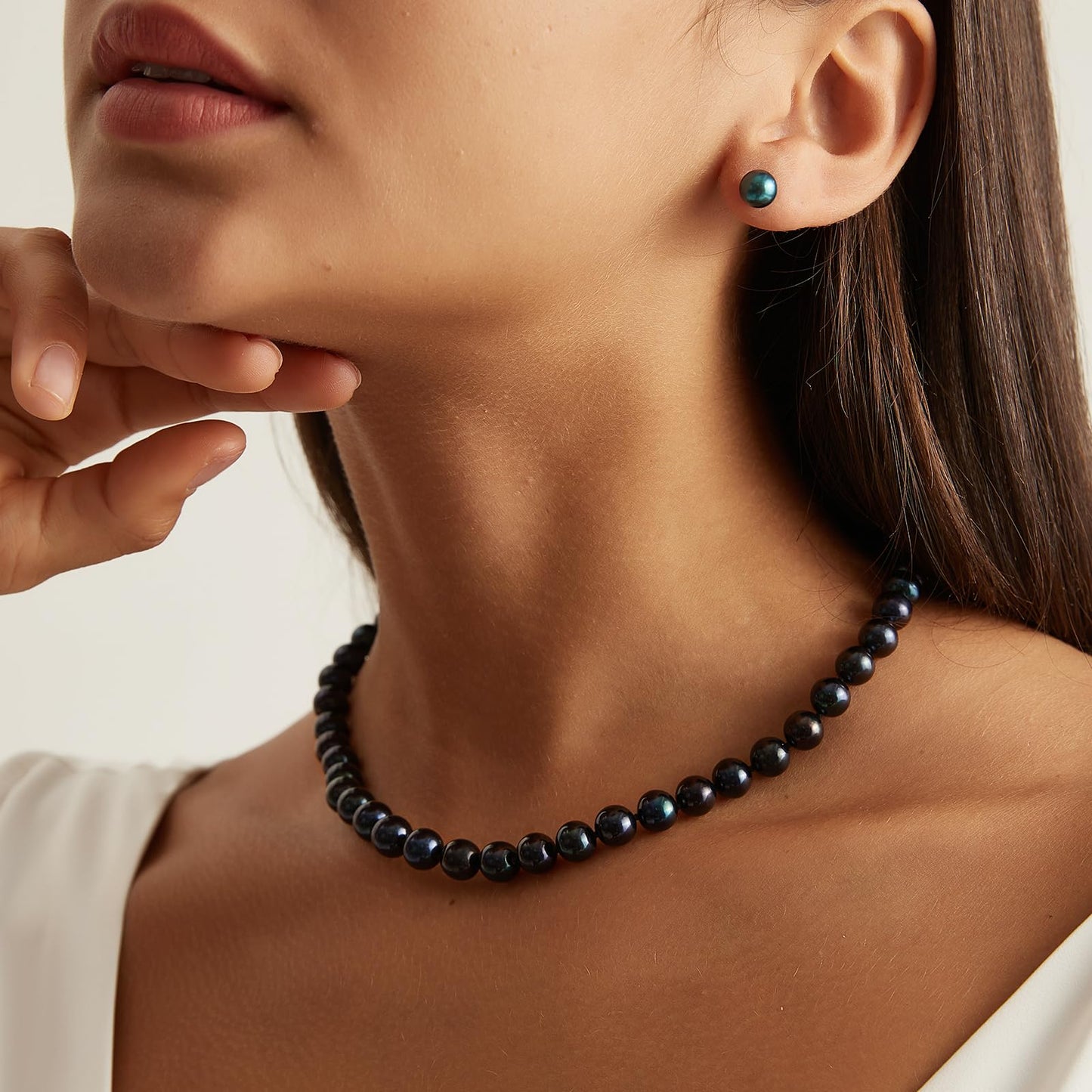 YAMI Tahitian Black Pearl Necklace and Earrings Set, Saltwater Cultured Pearl 8.5-9mm Strand Necklace with Round Studs 7.5-8mm, 925 Sterling Silver Clasp Jewelry Set for Women