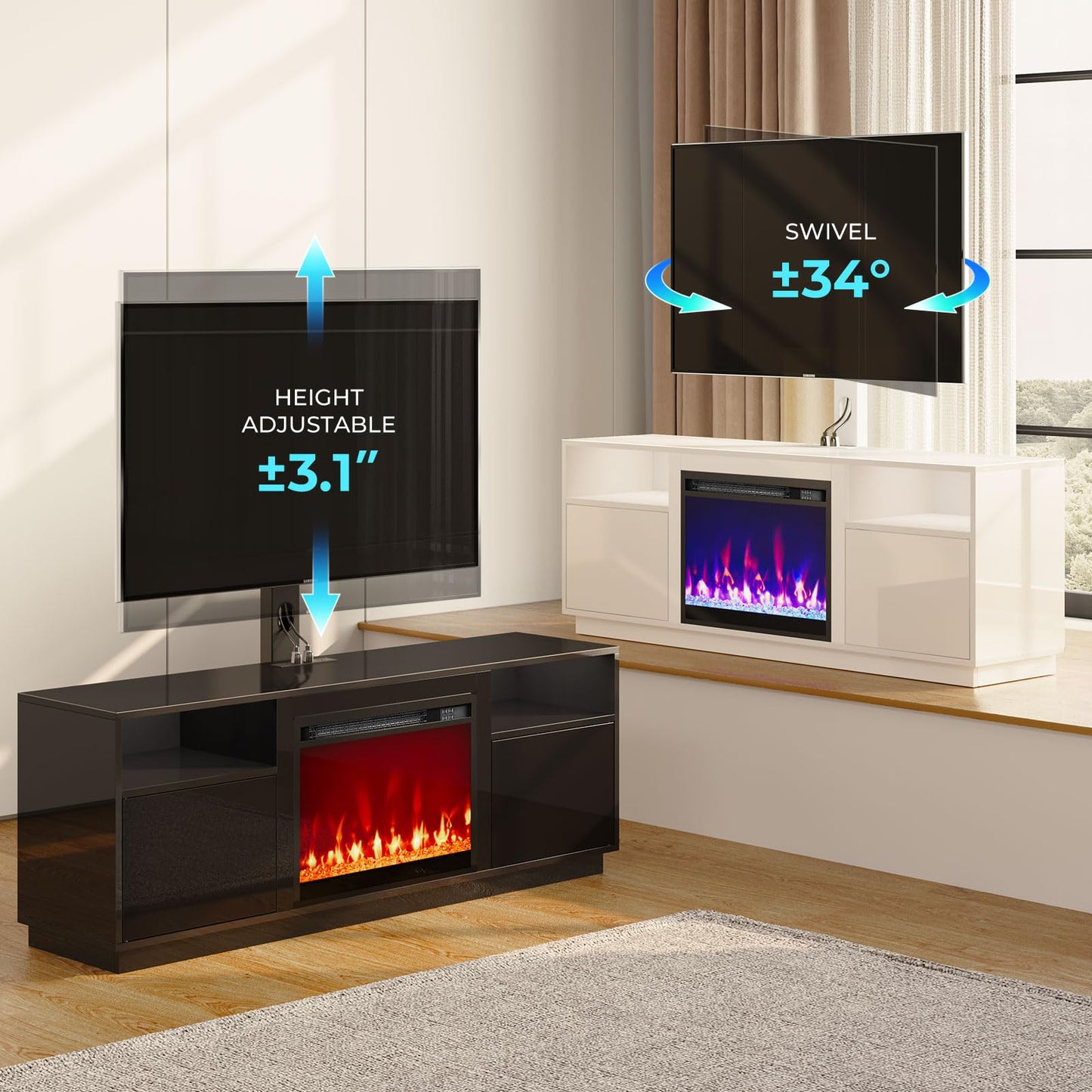 Rolanstar Fireplace TV Stand with Led Lights and Power Outlets, Entertainment Center with Electric Fireplace, Swivel TV Stand Mount for 45/55/60/65 inch TVs, Height Adjustable TV Console, White