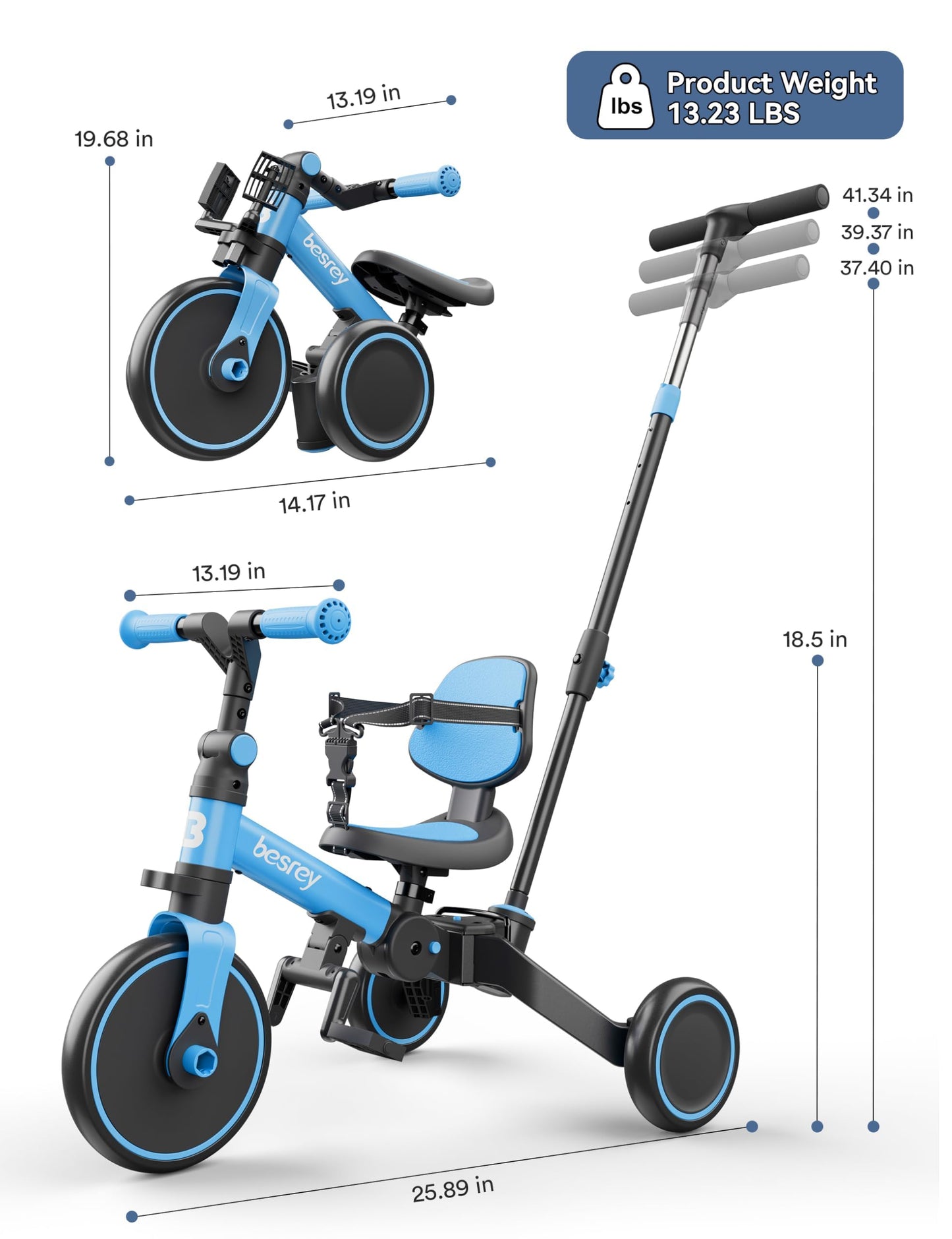 besrey 4 in 1 Toddler Bike, Toddler Tricycle for 1-3 Year Old, Trike with Push Handle, Backrest and Safety Belt, Birthday Gifts and Toys for Boys and Girls, Balance Bike (Blue)