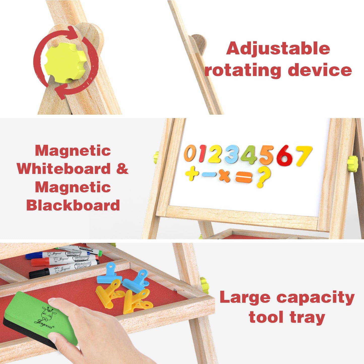 JOYOOSS Easel for Kids Chalkboard,Wooden Blackboard for Kid Toddlers Easel Adjustable Magnetic White Board Chalkboard for Kids Dry Erase Art Easels for Toddler Drawing Board for Kid Ages 4-8 8-12 Red