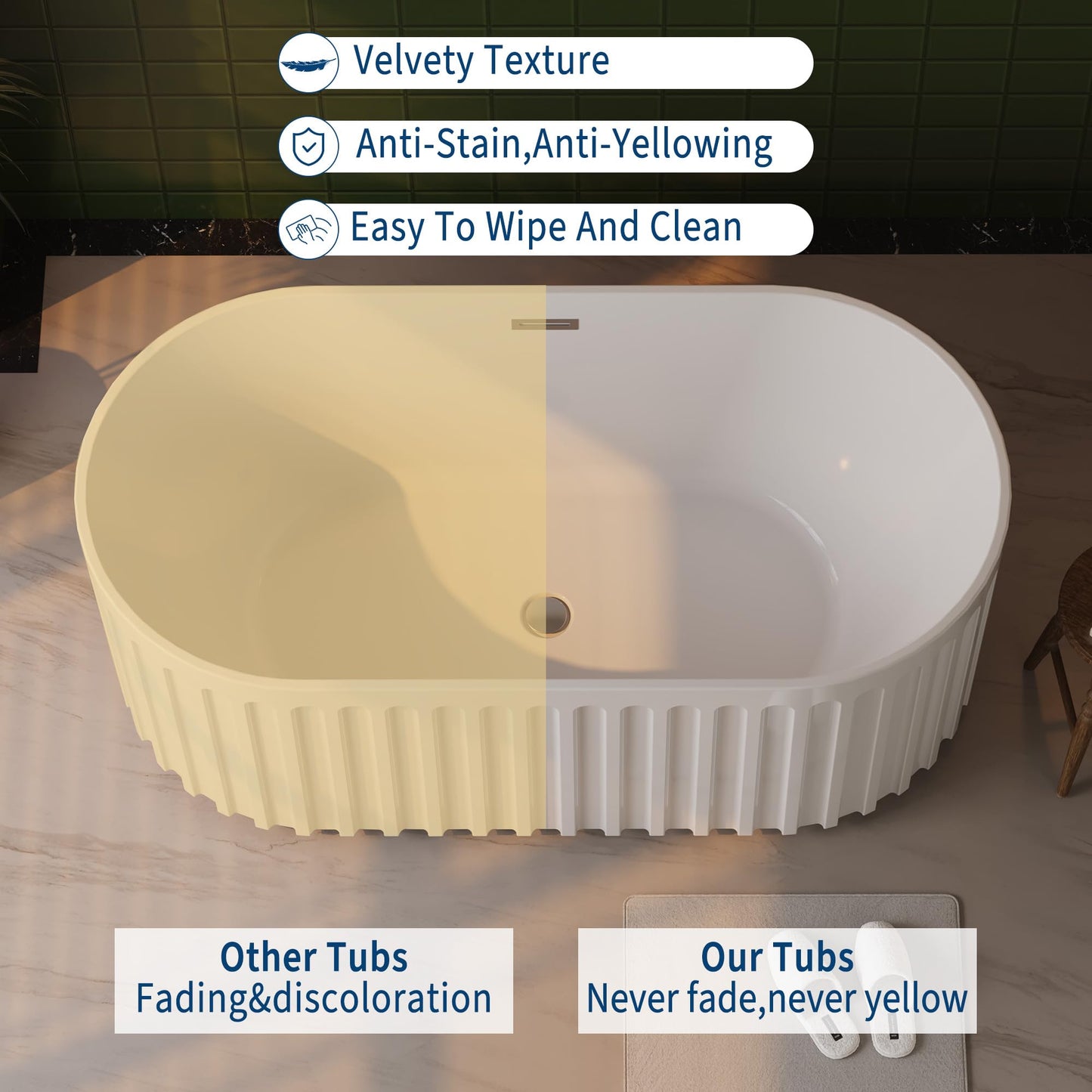 59" Modern V-Shape Freestanding Bathtub - Gloss White Acrylic Soaker with Pleated Design, Chrome Drain & Overflow,Cupc Certified,Gloss White