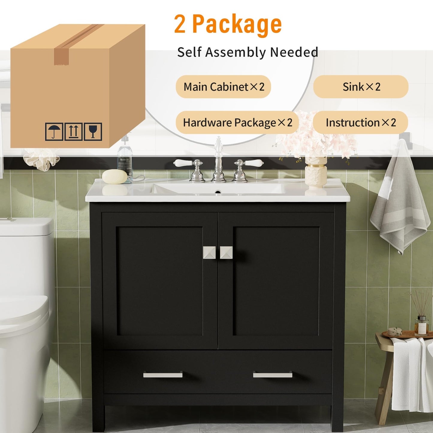 Merax 72 Inch Black Bathroom Vanity with Double Sinks, Modern Freestanding Cabinet with Soft Close Doors, Ample Storage (Divided Drawer, Shelves), Ceramic Sinks & Overflow (2 Separate Units), Black