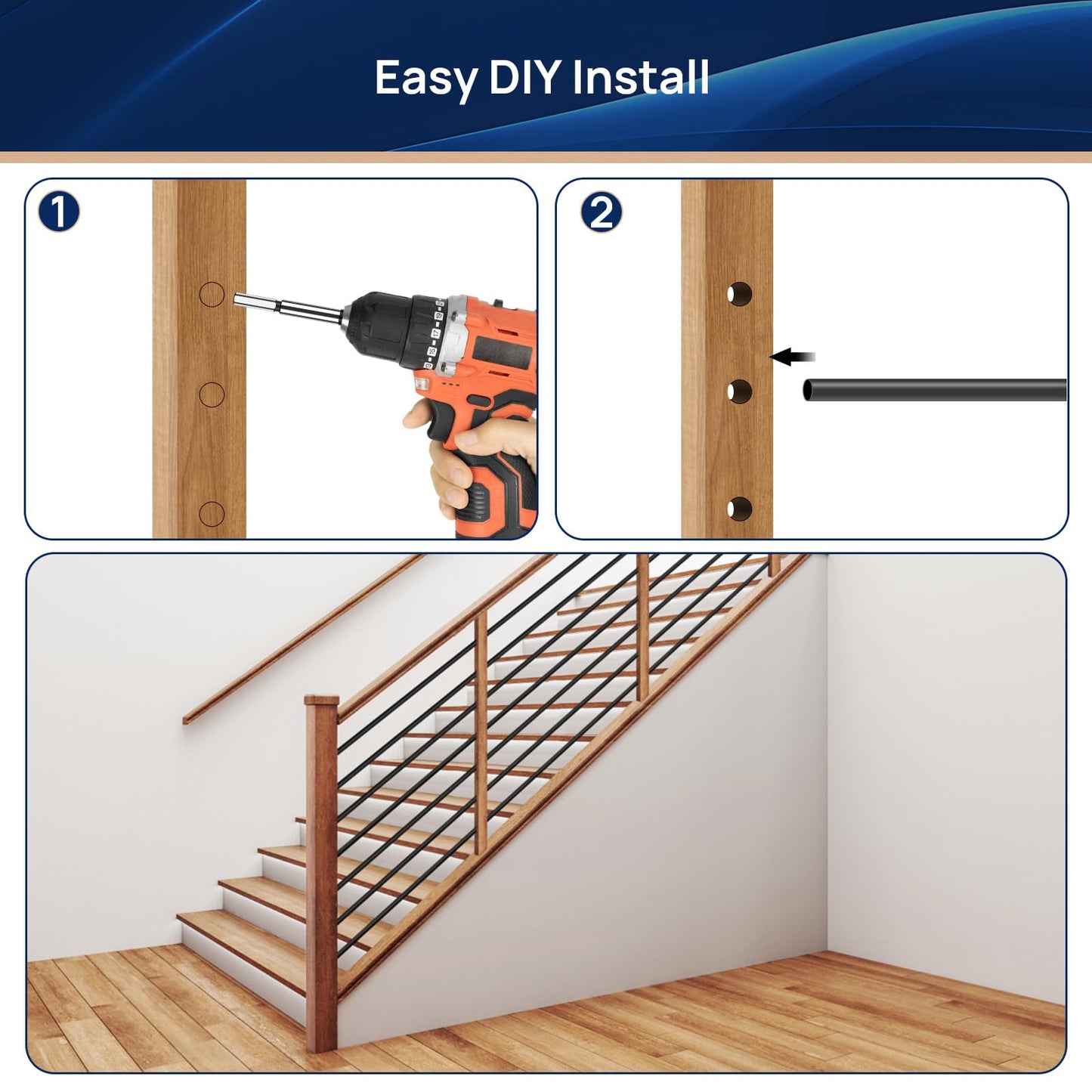 7 Pack 6 FT x 35/64 inch Iron Stair Balusters with 14mm Wood Drill Bit, Matte Black Hollow Horizontal Interior Baluster, Stair Railing Spindles for Indoor Staircase