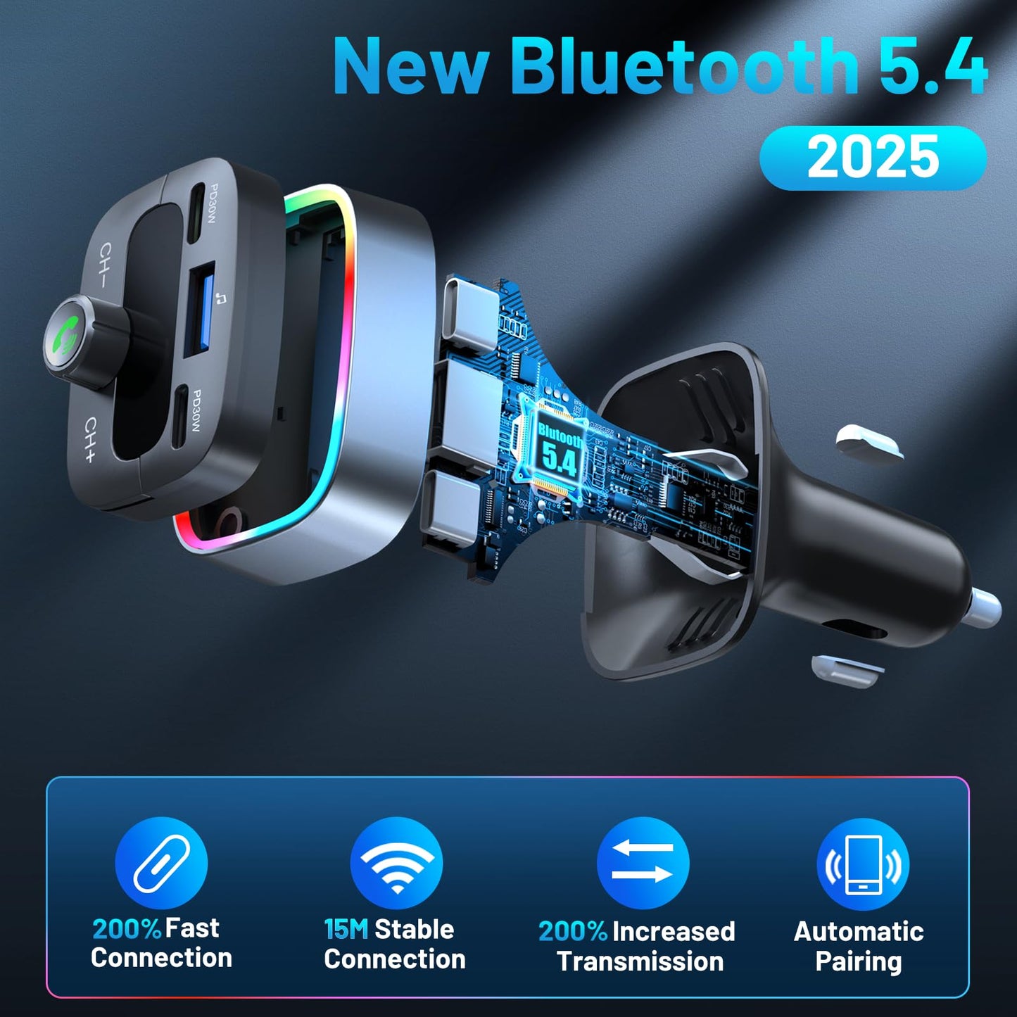 HUNDRUP Bluetooth 5.4 Car Adapter 60W Charging USB Bluetooth Adapter for Car,Wireless Fm Transmitter Radio,Handsfree Calling and Audio Receiver,HiFi Music Player,7 Colors LED Backlit