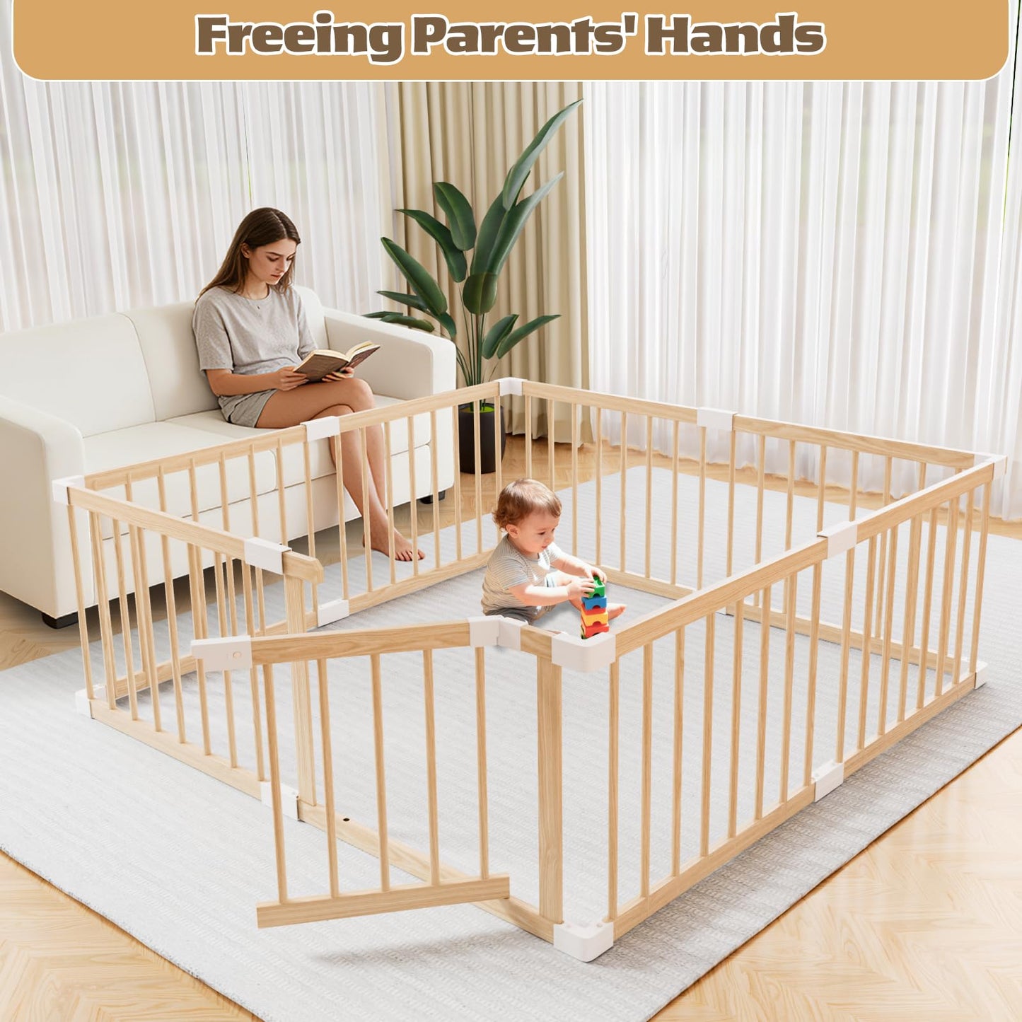 Baby Playpen,Wooden and Toddler Playpen,Play Pen for Babies and Toddlers Kids Indoor,Wooden Babies with Locking Baby Gate,Easy to Assemble,Play Pen Area Indoor(53x53x24 Inch)