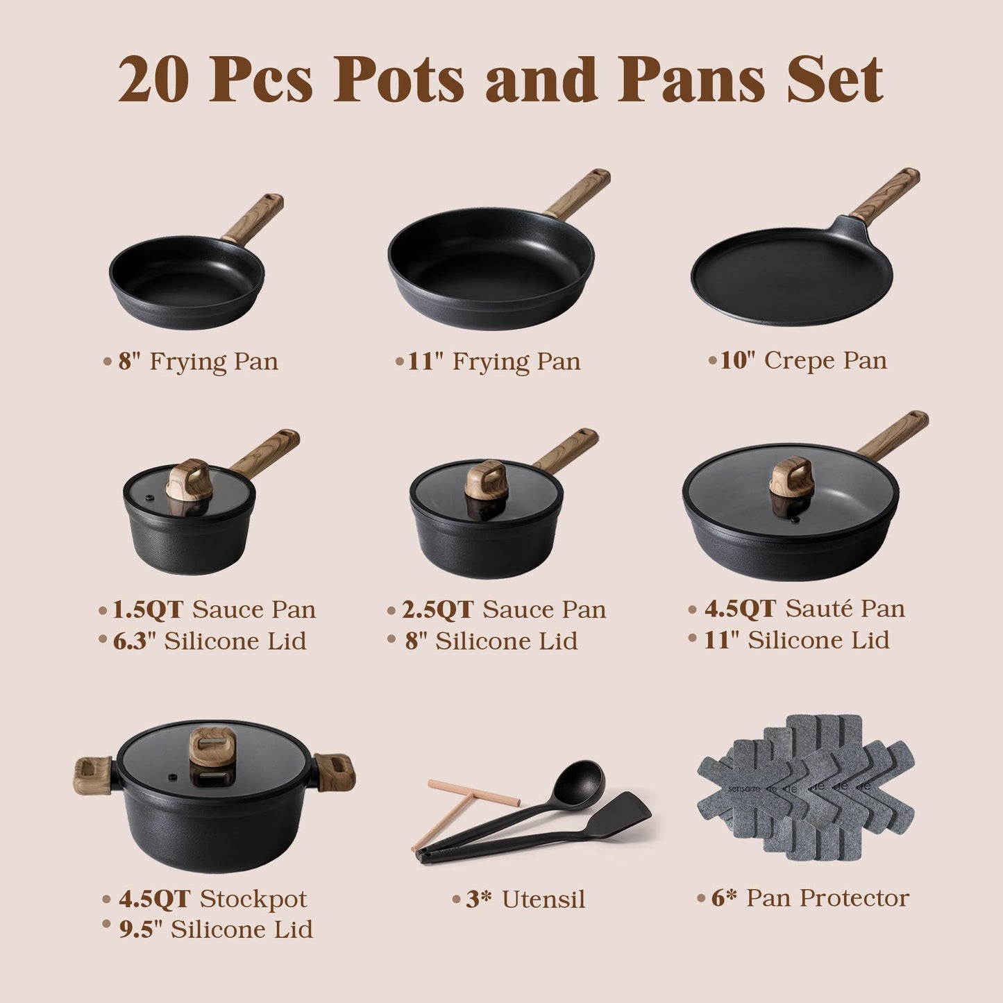 SENSARTE 20Pcs Nonstick Pots and Pans Set, Black Titanium Non Stick Cookware Set, Healthy Kitchen Cooking Set, Induction Compatible, Dishwasher Safe, PFOA/PFOS Free