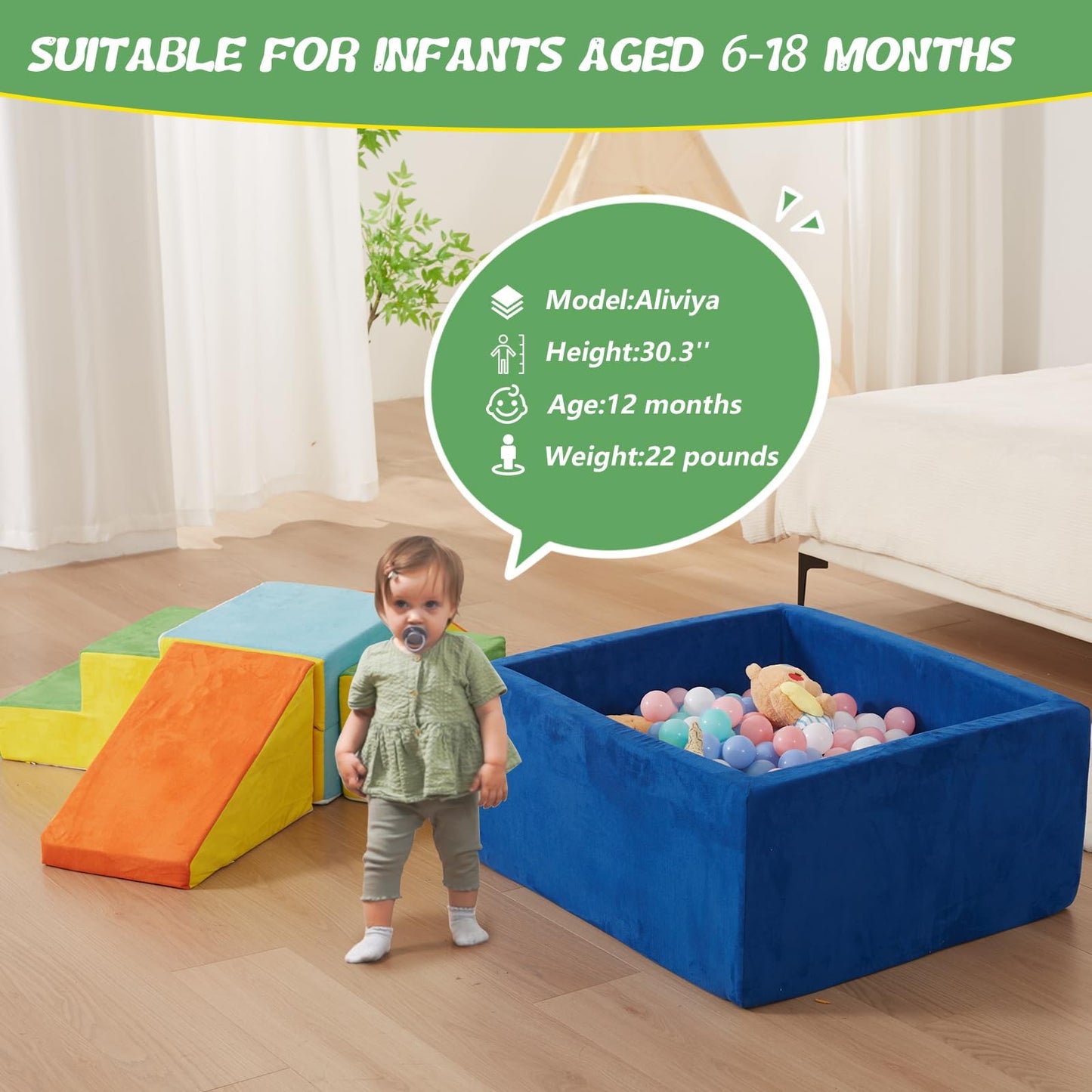 MOOZHEALTH Foam Climbing Blocks for Toddlers, 6-Piece Soft Play Set with Ball Pit, Modular Baby Climbing Toys Indoor, Washable & Foam Playset for Crawling, Sliding & Balance (Balls Not Included)