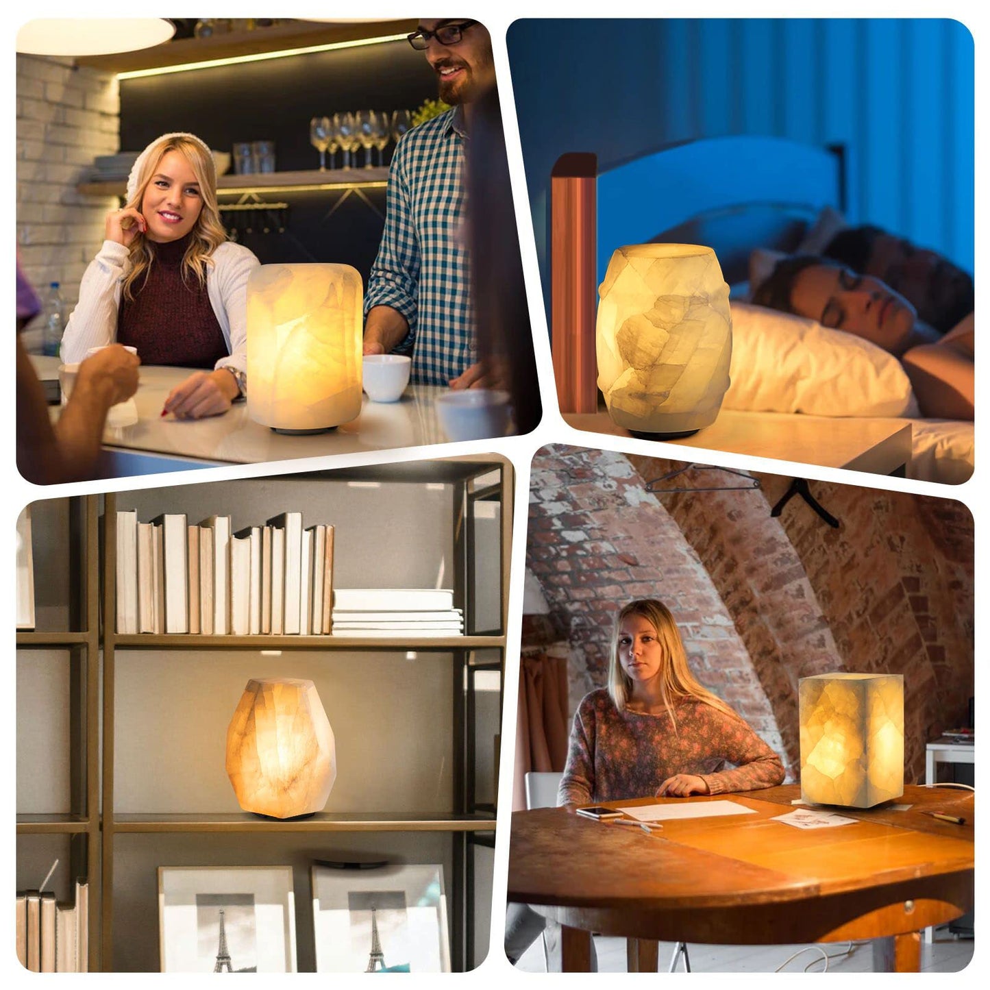 Artsolute Natural Solid Stone Table Lamp with One-of-a-Kind Crystal Texture, Small Accent Lamp with 3 Colors Dimmable LED, Unique Lamp for Bedroom Living Room, Cuboid White