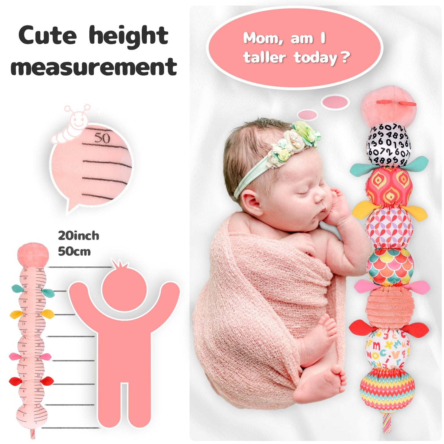 TURKIDS Infant Baby Musical Stuffed Animal Activity Soft Toys with Multi-Sensory Crinkle, Rattle and Textures for 0-3-6-12 Months Developmental Toys, Caterpillar, Pink