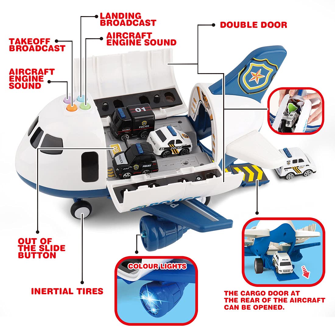 Dwi Dowellin 5 in 1 Airplane Toys with Light and Sound,Police car Toys with Activity Mat, Christmas Birthday Gifts for Kids 3 4 5 6 Year Old Boys Girls