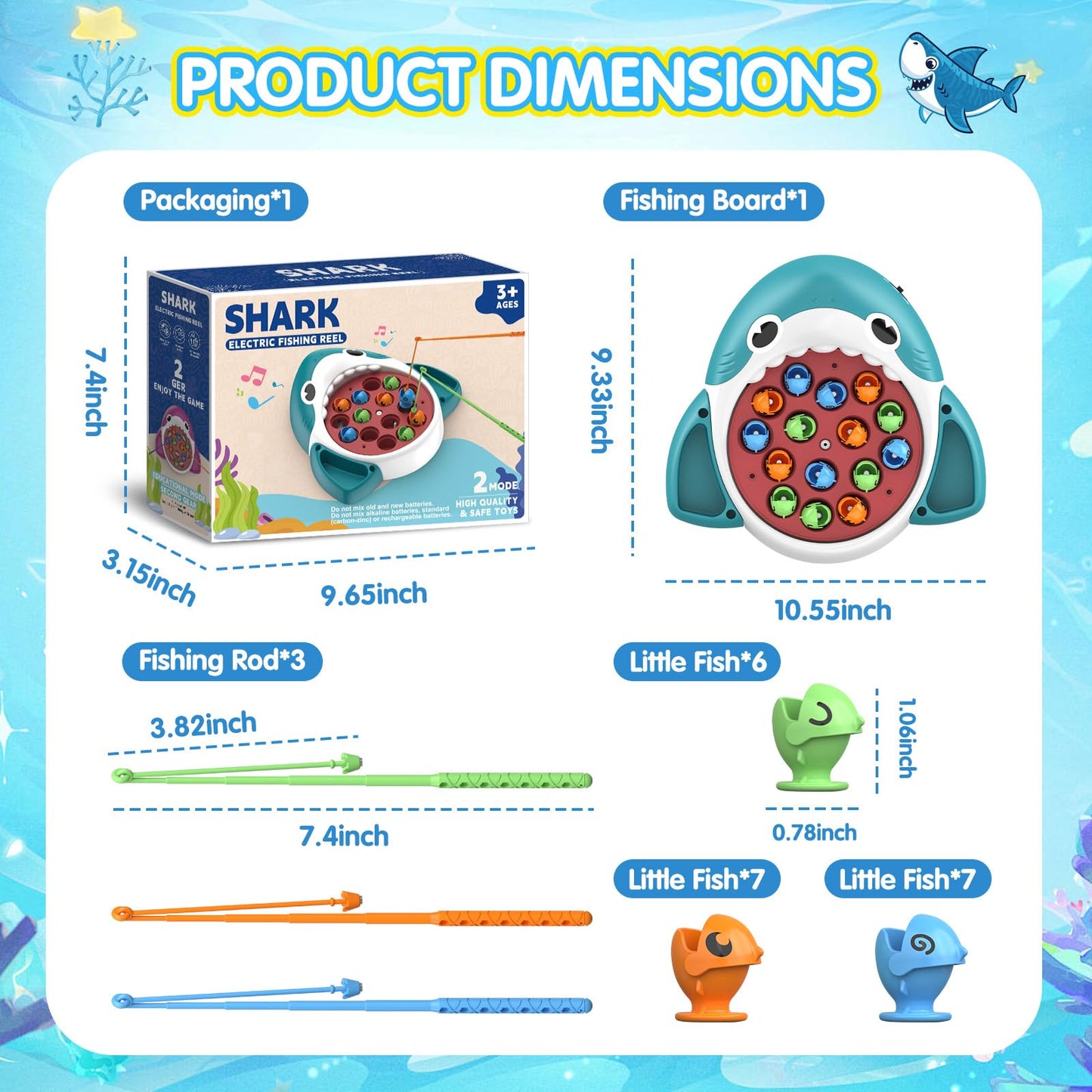 JOYBLI Musical Shark Fishing Game for Kids, 360° Rotating Board, 20 Fish with 3 Rods,Hook Fishing Set for Toddlers，Educational, Fine Motor Skill Activity for Boys and Girls