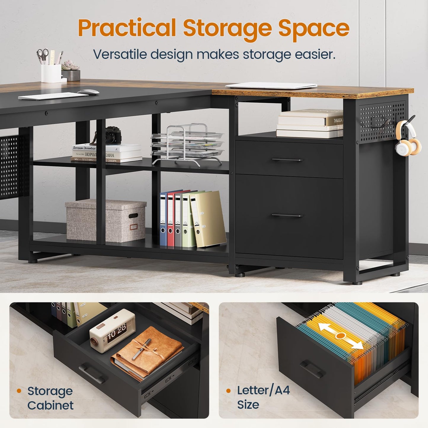 UPOSOJA 71 in Executive Desk with Power Outlets, Reversible L Shaped Desk with File Drawers & Storage Shelves, Large Office Desk Computer Desk with Pegboard, Mobile CPU Stand, Modern Corner Desk