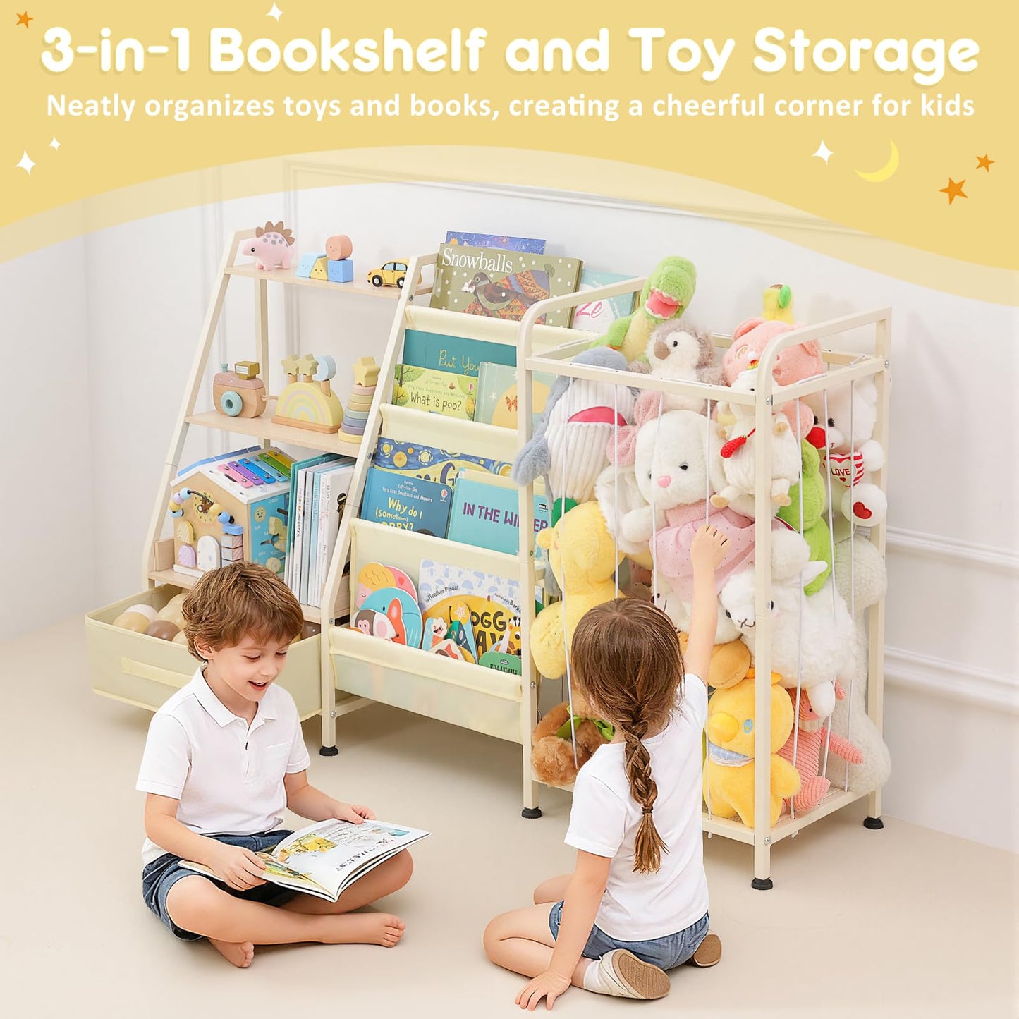 Fabuday Kids Bookshelf and Toy Storage Organizer - 4 Tiers Large Toddler Baby Sling Book Shelves for Kids Room with Stuffed Animal Storage, 3 Tier Montessori Childrens Bookcase for Nursery, Playroom