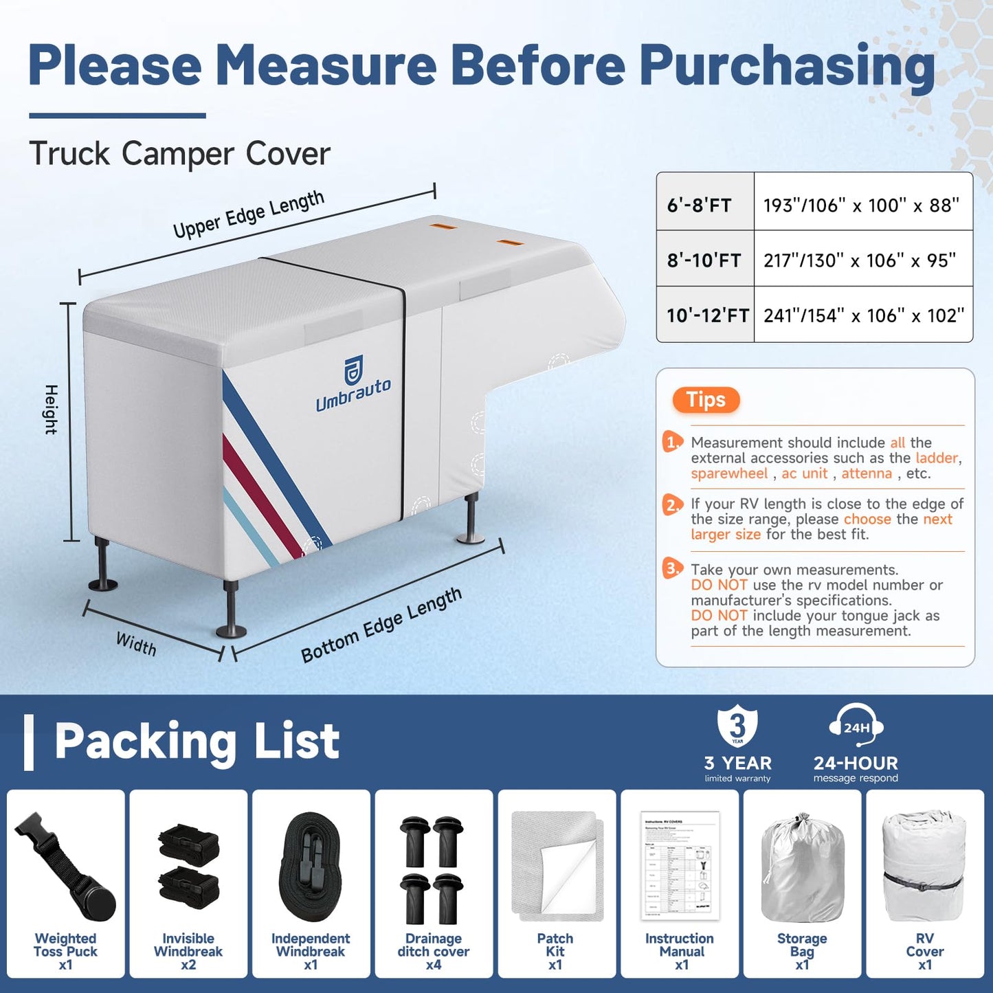 Truck Camper Cover for 8–10FT Slide-in Campers – 300D Oxford Waterproof RV Cover, Silver-Coated, All-Weather Protection with Windproof Straps & Air Vents