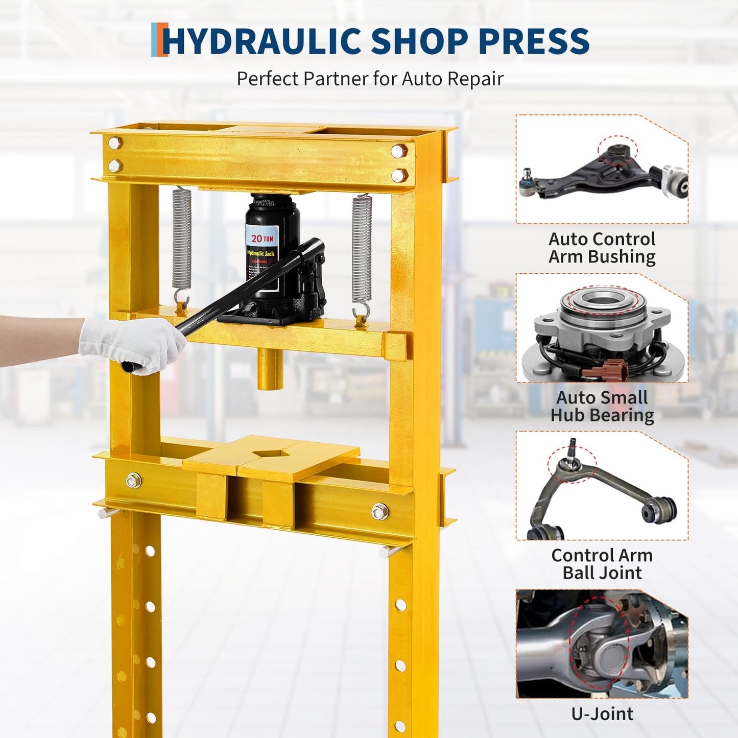 20 Ton Hydraulic Shop Press, Heavy Duty H-Frame Floor Bearing Press with Steel Plates & Adjustable Bed, for Garage Bending, Bearing, U-Joint, Metalworking (Yellow)