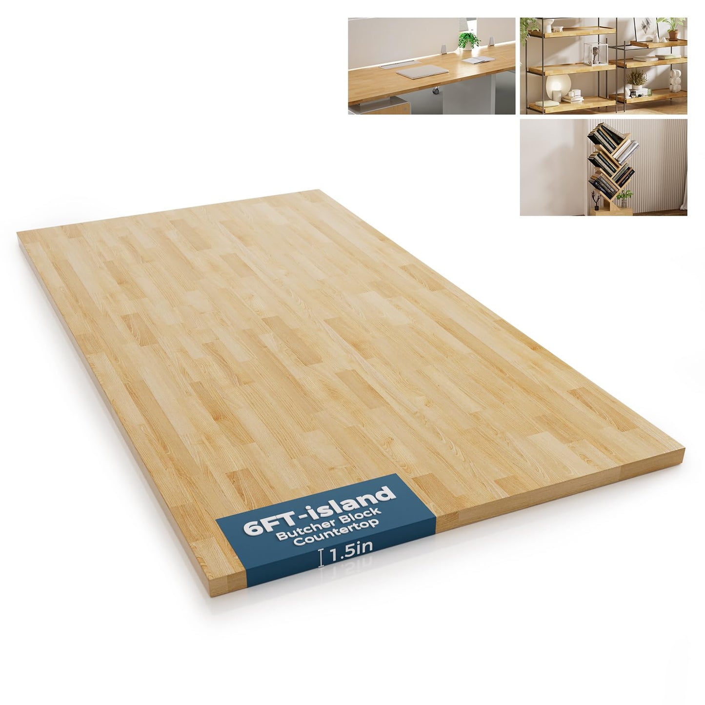 Butcher Block Island Countertop for Kitchen - 6ft L x 39"W Solid Wood Butcher Block Table Top, Unfinished Wooden Slab Counter Top for Washer Dryer/Desktop/Workbench/Bar, 1.5in Thick