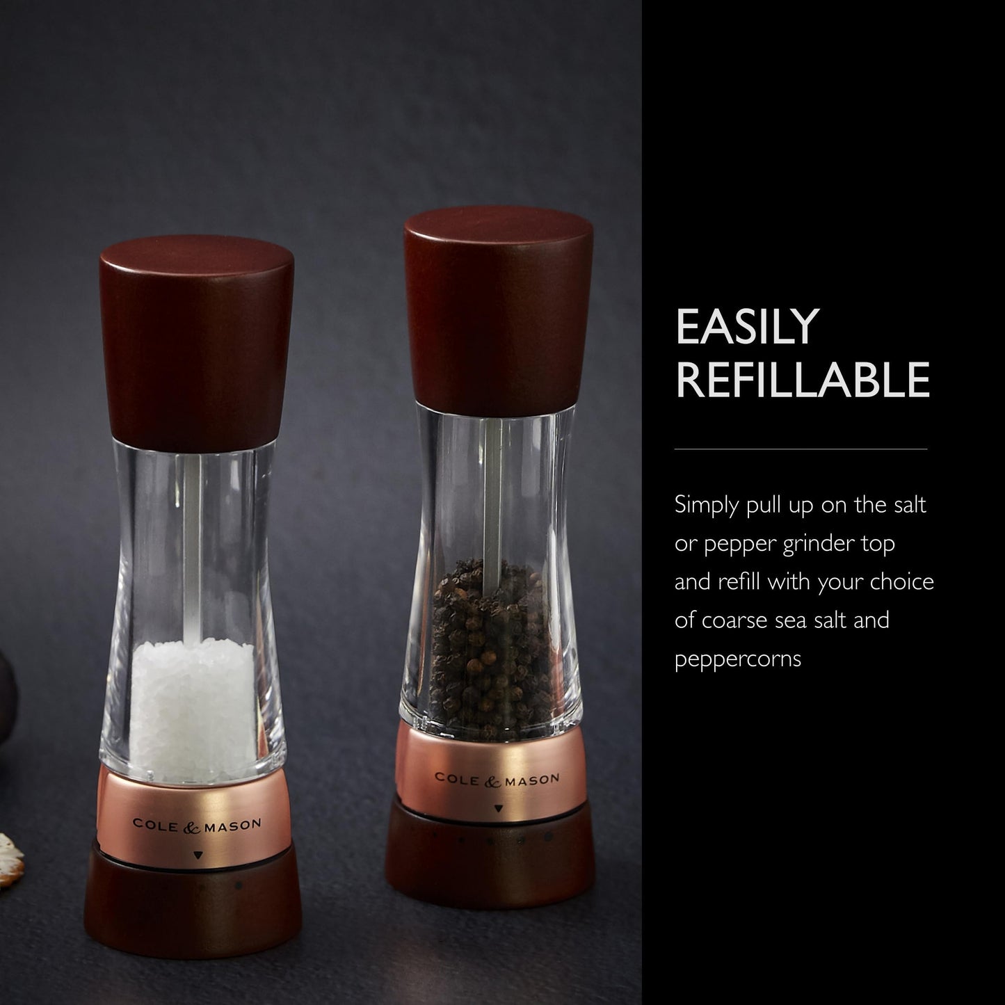 Cole & Mason Derwent Salt & Pepper Mill Gift Set - Salt & Pepper Shaker & Grinder with Adjustable Coarseness - Gourmet Precision Mill Set - Stainless Steel & Acrylic Grinders - Rose Gold