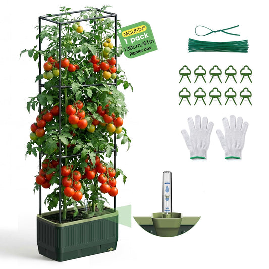 Raised Garden Bed Tomato Planter with Trellis, 52" Self Watering Tomato Planter with Water Level Indicator, Larger Rectangular Tomato Cages for Indoor & Outdoor Climbing Vegetable and Plants (1)