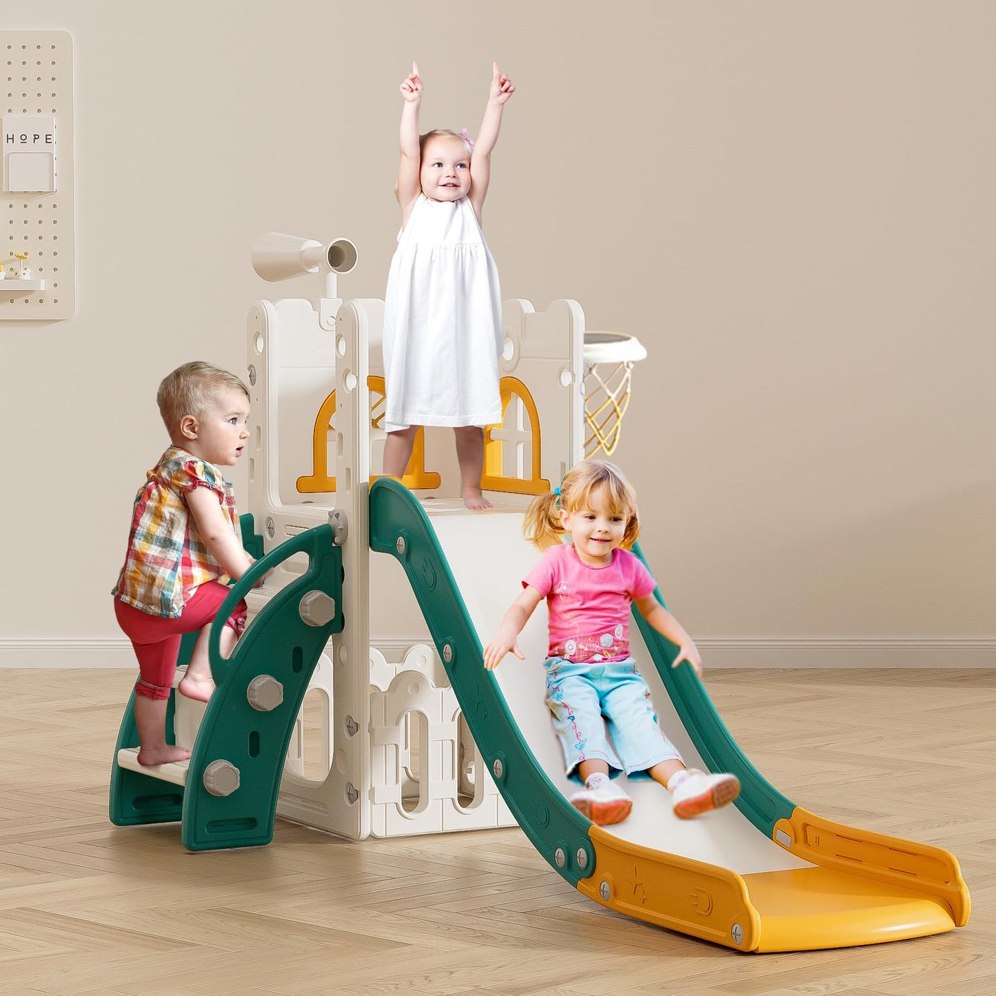 Toddler Slide for Kids with Climber Basketball Hoop, Storage Space, Telescope Kids Indoor Slide Baby Slide for Outdoor Play Upgraded Toddler Indoor Playground with Wider and Longer Slideway Upgraded