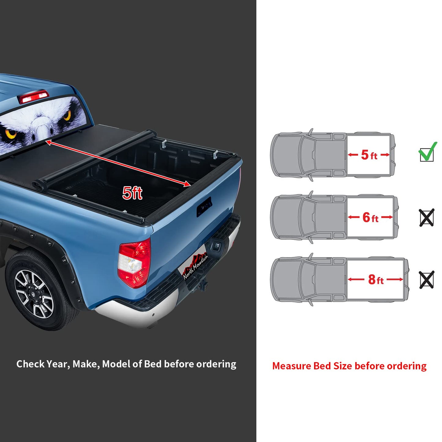North Mountain Soft Roll Up Tonneau Cover for 2024-2025 Toyota Tacoma 5ft Bed, Compatible with 5ft 2024 2025 Toyota Tacoma Fleetside/Styleside Bed(61"), not for Flareside/Stepside Bed