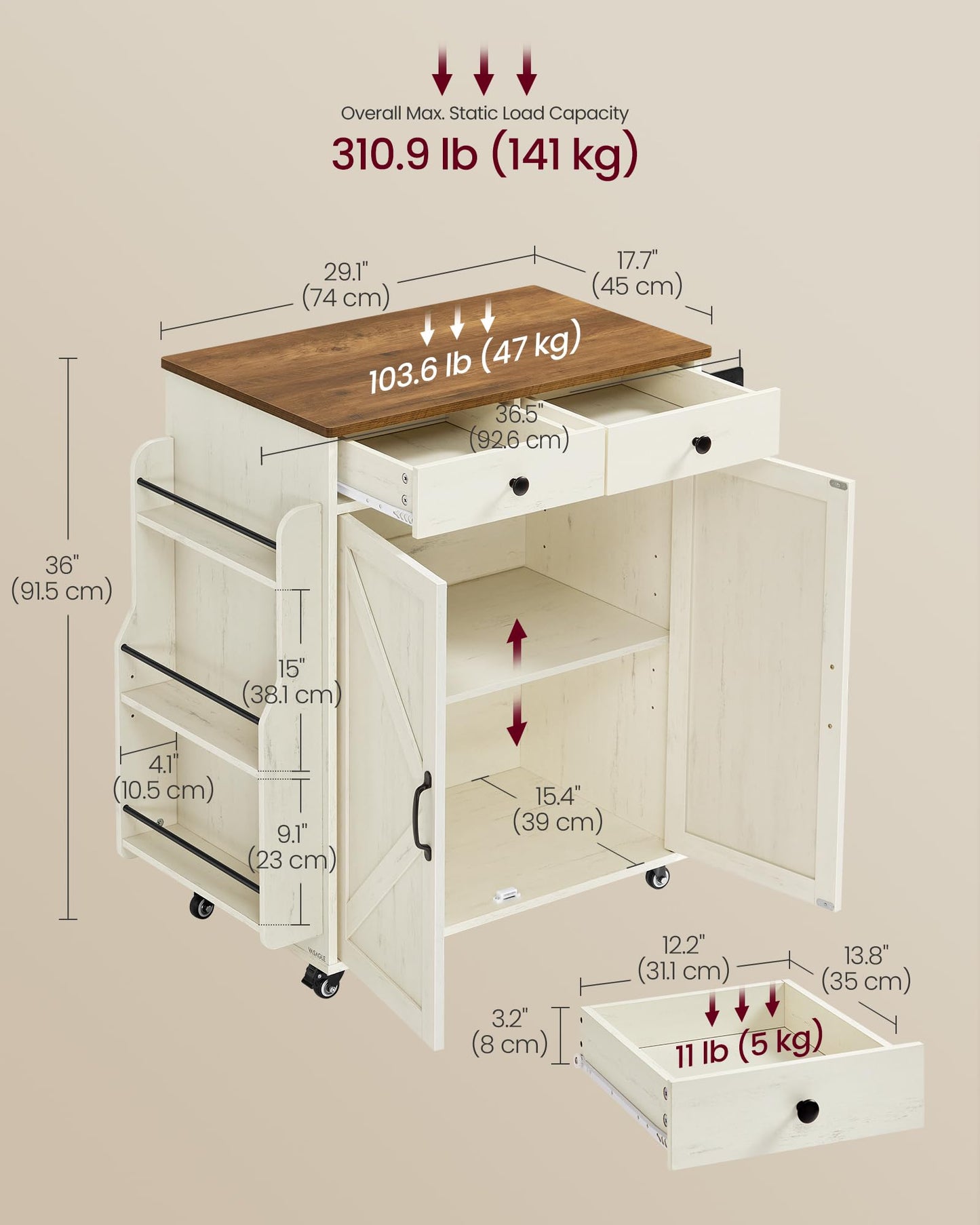 VASAGLE Mobile Kitchen Island, Portable Island with Spice Rack, Mobile Cart with Storage Cabinet, 17.7 x 36.5 x 36 Inches, for Dining Room, Rustic White and Honey Brown UKKI008W01