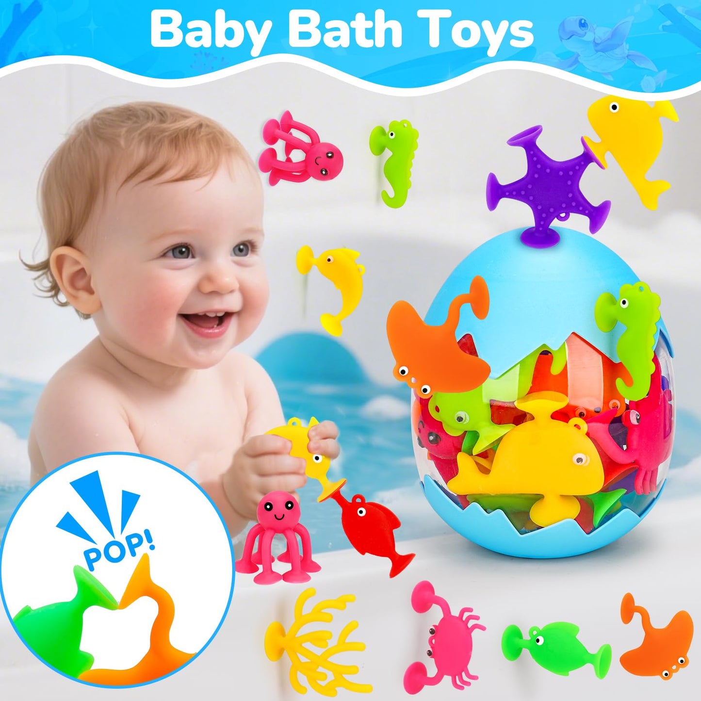 Toddler Suction Cup Bath Toys, Ocean Animal Bath Water Toys for Kids Ages 3-5 4-8 No Hole Mold Free Bathtub Car Airplane Window Toys Travel Trip Essentials for 3 4 5 Year Old Boy Girl Birthday Gift