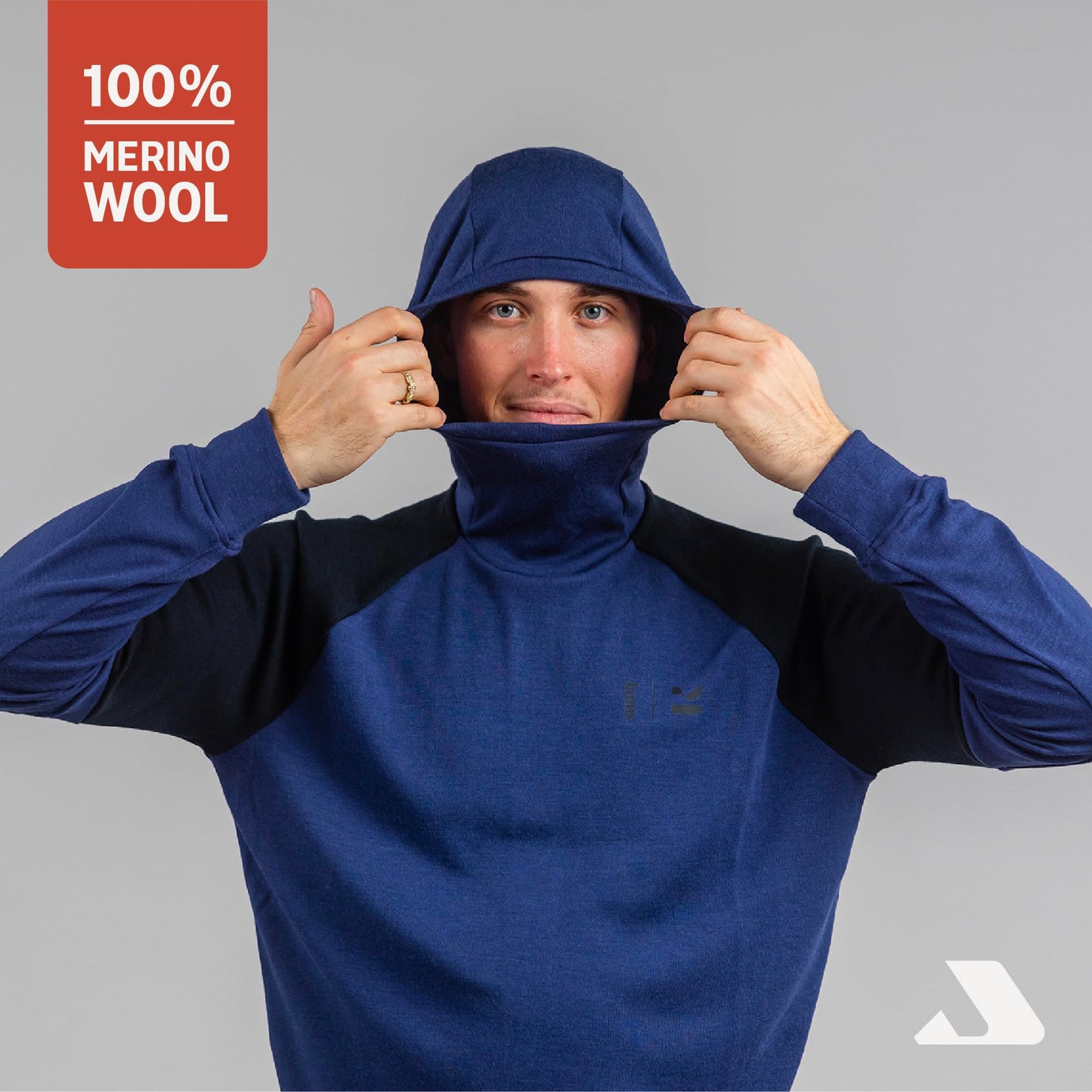 Janus Wool Kleveland Merino Base Layer - 100% Wool Fleece Hooded Sweatshirt - Men, Women, Teens - Winter Snowboarding Pullover - Brushed Interior - Under Helmet Warmth & Protection - Large Blue