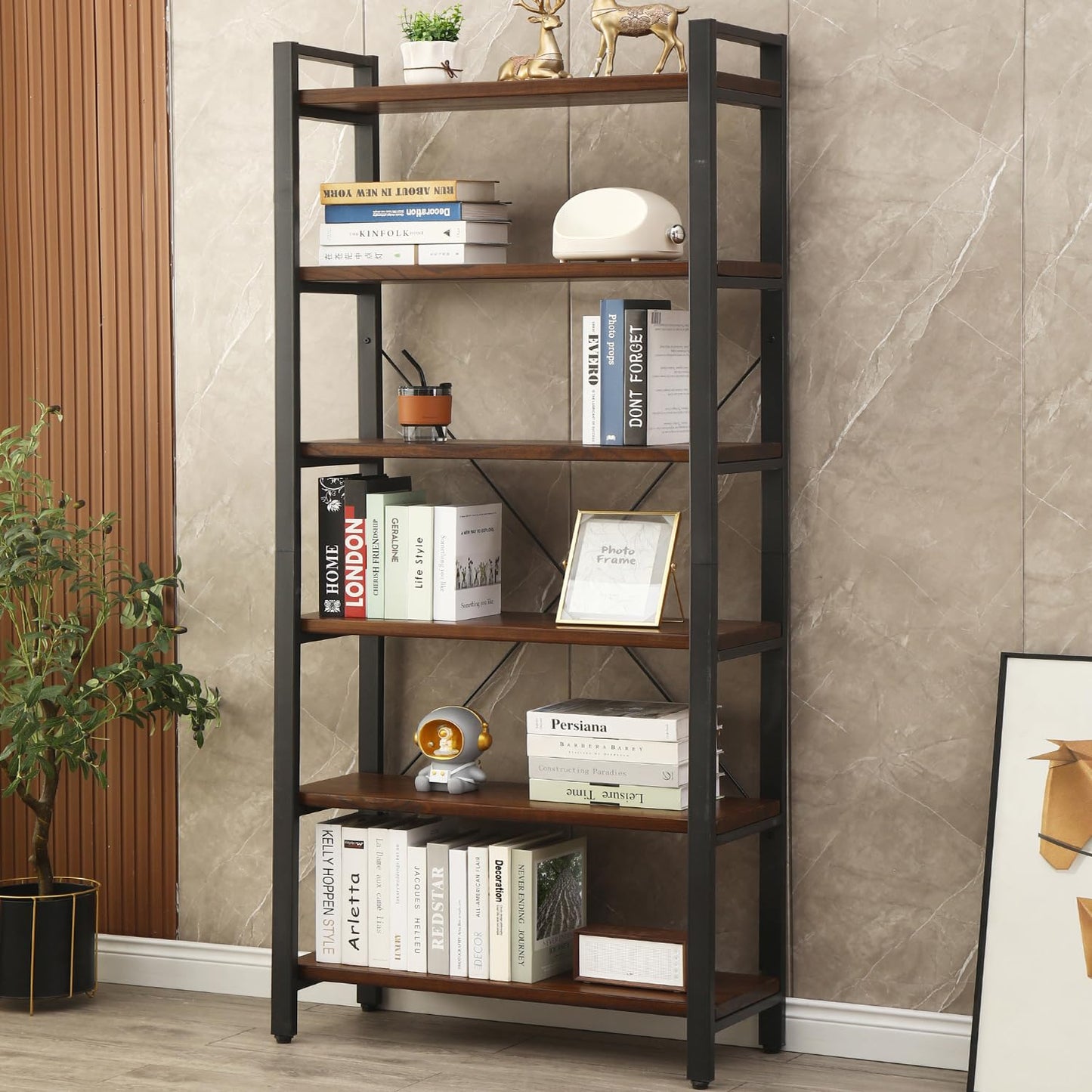 WH-AOERPYMY Natural Real Wood Bookcase,Industrial Bookshelf,6 Tier Solid Wood Open Book Shelf Storage,Metal Shelving Unit,Farmhouse Wide Etagere Bookcase for Office Living Bedroom (6 Tiers)