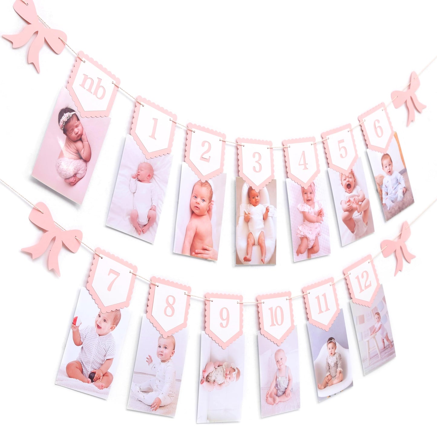 Pink Bow Monthly Milestones Photo Banner - Baby Girls Newborn to 12 Months Photo Display, 1st Birthday Photo Banner for Baby Girls, Bow 1st Birthday Decorations