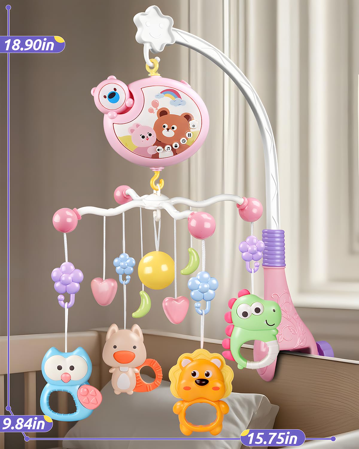RSEPD Crib Mobile With Music And Lights, Mobiles For Cribs, Baby Mobile Arm Toys Hanging For Bassinets Girls Boys, Nursery Musical Space Portable Infant Mobiles Clip On Pack And Play Hanger 0-6 Months